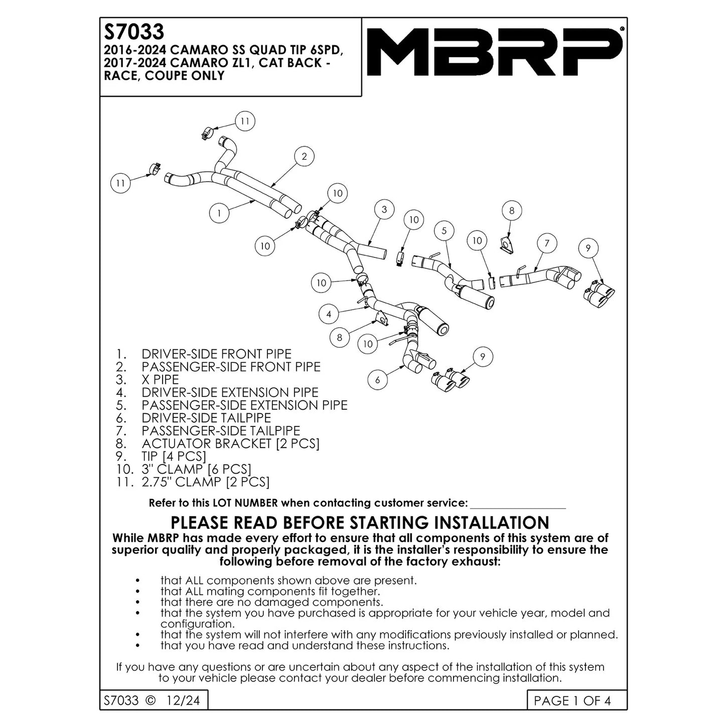 MBRP 2016 Chevy Camaro V8 6.2L 6spd 3in Black Race Dual Cat Back w/ 4.5in Quad Dual Wall Tips