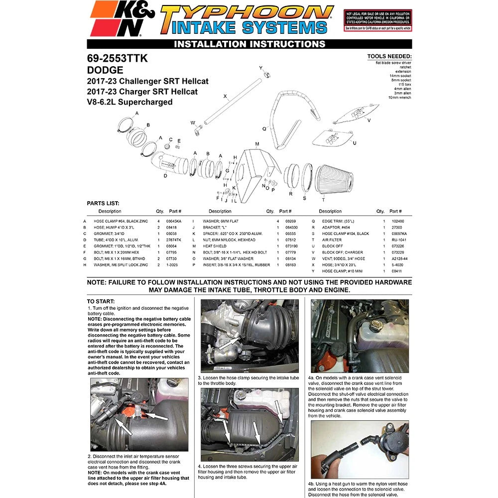 K&N 2017 Dodge Challenger Hellcat SC V8-6.2L F/l Typhoon Air Intake