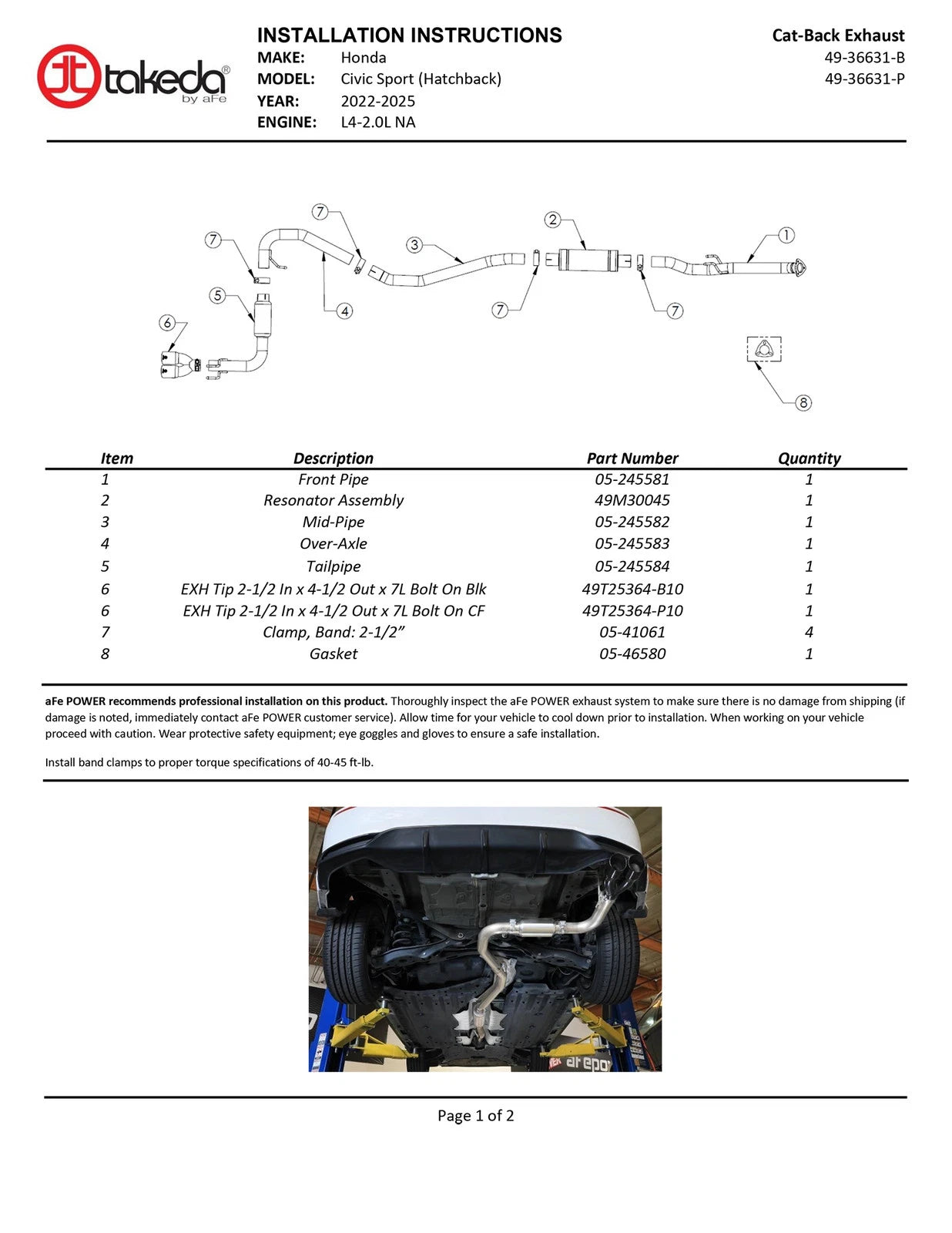 aFe POWER Takeda 2.5in 304 SS Cat-Back Exhaust w/ Polished Tips 22-25 Honda Civic L4-2.0L