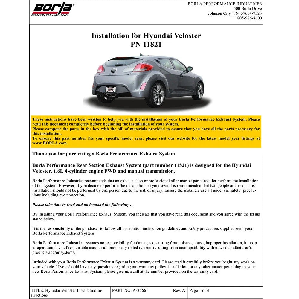 Borla 12-14 Veloster 1.6L AT/MT FWD 2dr 2.25in No Tips SS Exhaust (rear section only)