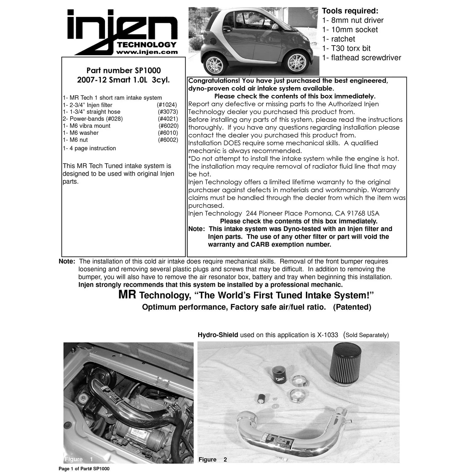 Injen 07-12 Fortwo 1.0L L3 Black Smart Short Ram Air Intake w/ MR Tech & High Flow Filter