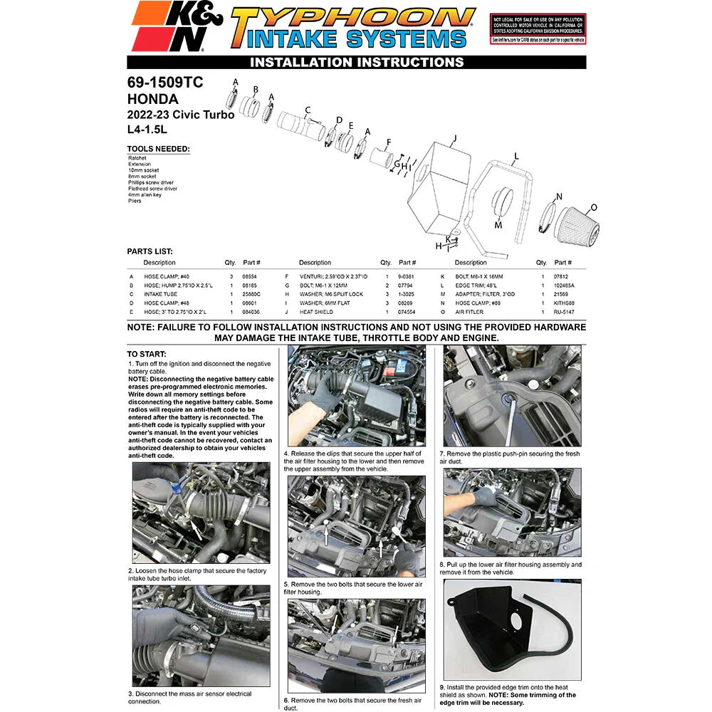 K&N 2022 Honda Civic 1.5L Turbo L4 Silver Typhoon Intake