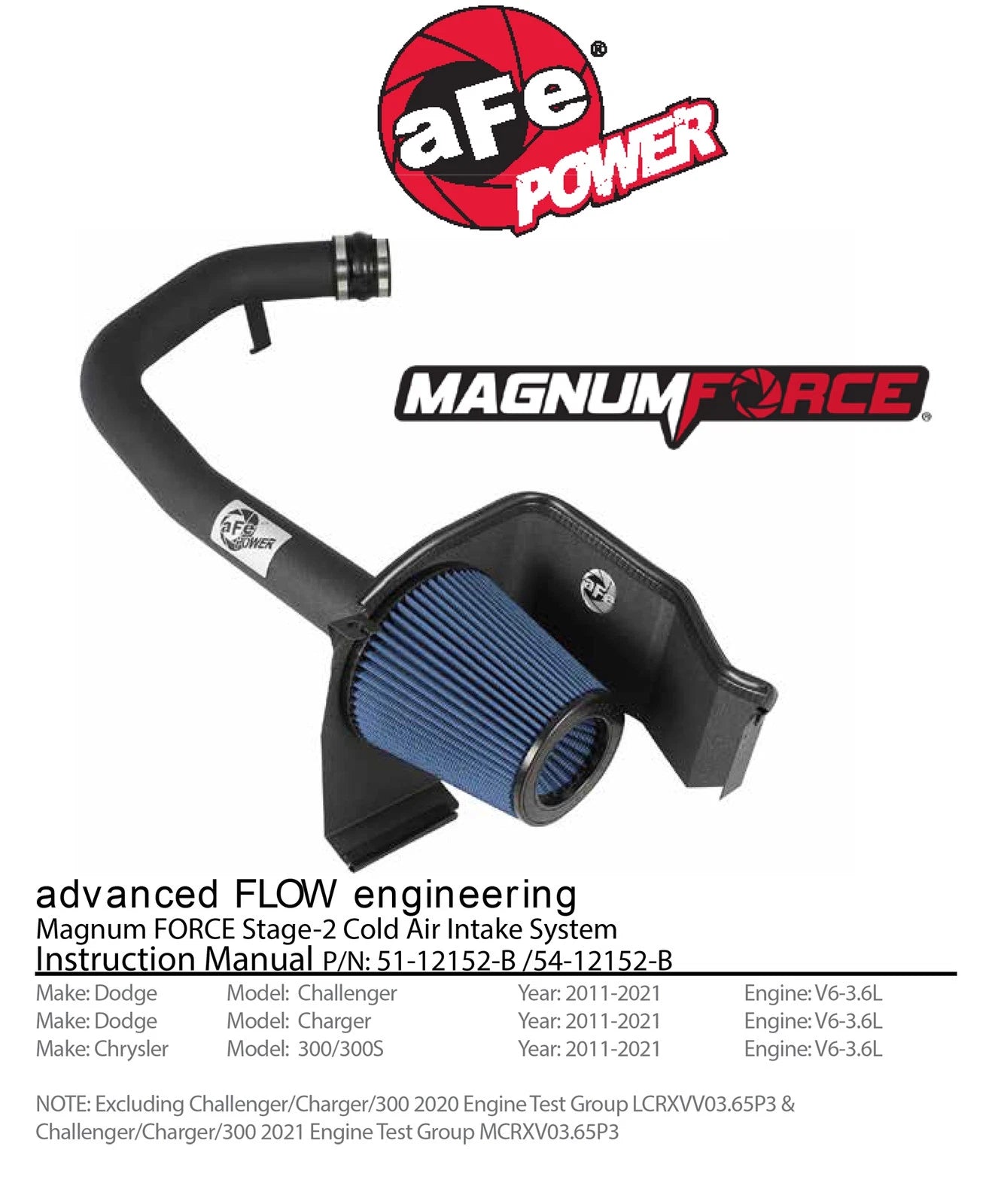 aFe MagnumFORCE Intakes Stage-2 Pro DRY S 11-13 Dodge Challenger/Charger/Chrysler 300 V6 3.6L (blk)