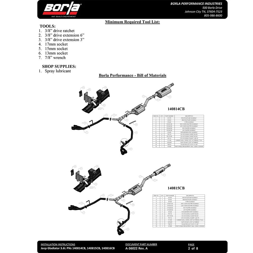 Borla 2020 Jeep Gladiator JT 3.6L V6 AT/MT AWD 2.75-2in Touring Catback Ceramic Blk Tailpipe & Tips