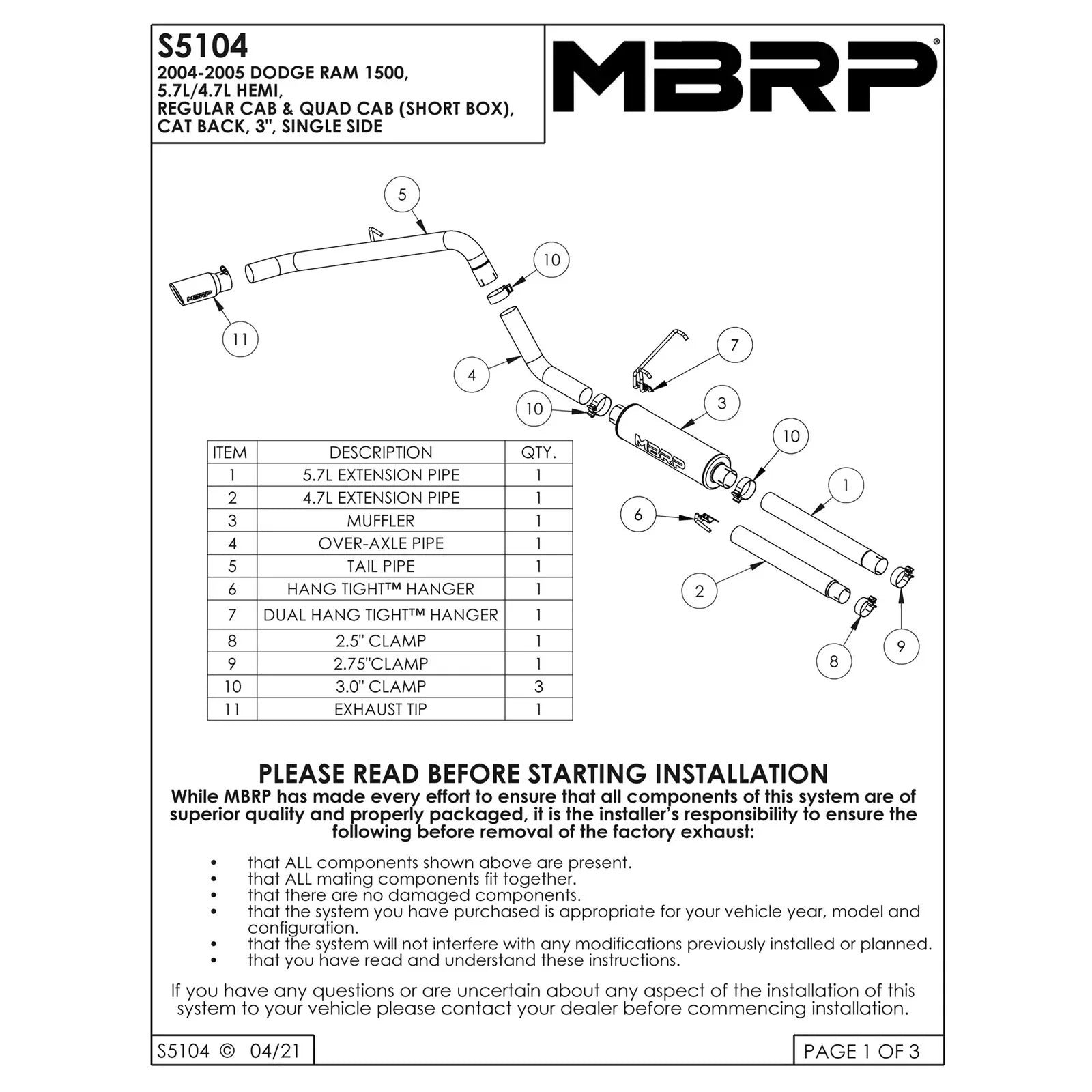 MBRP 2004-2005 Dodge Ram Hemi 1500 5.7L SC/CC-SB Cat Back Single Side