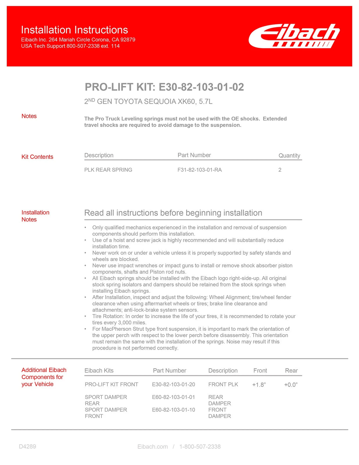 Eibach 07-22 Toyota Sequoia SUV 2ND Gen Sequoia - Rear Pro Lift Kit - Rear