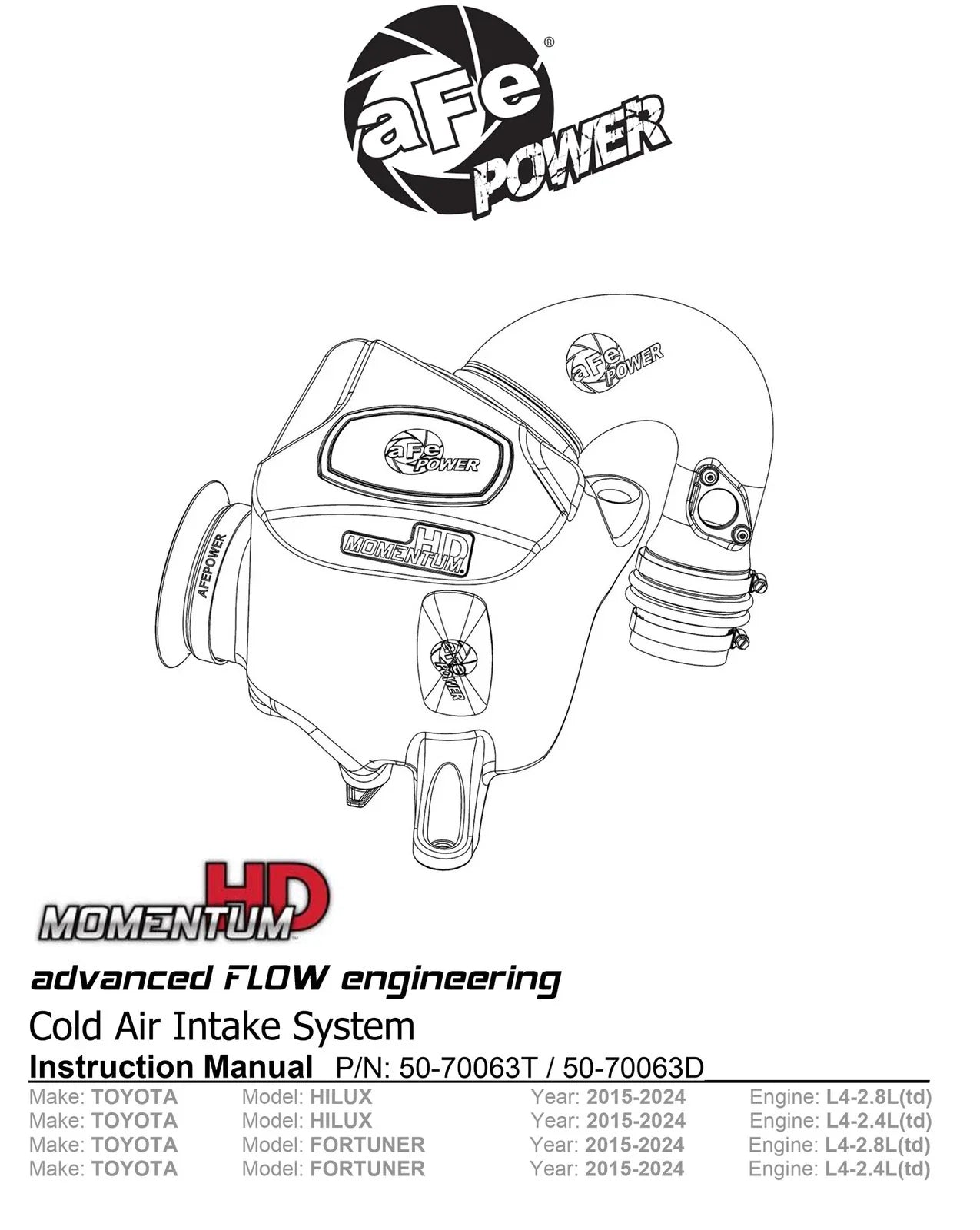 aFe 15-20 Toyota Hilux L4-2.8L (td) Momentum HD Cold Air Intake System w/ Pro Dry S Media