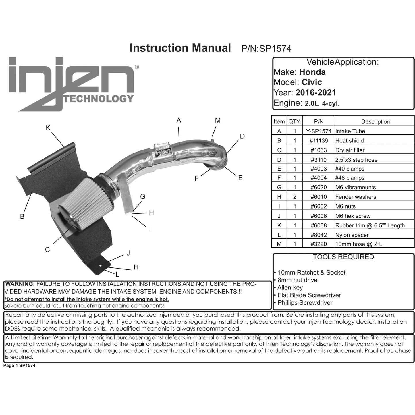 Injen 2016+ Honda Civic 2.0L, 4-cyl. 1pcs. Short-Ram Intake System w/MR Technology and Air Fusion