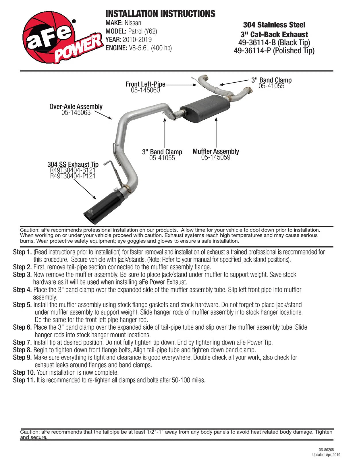 aFe MACHForce XP 3in 304 SS Cat-Back Exhausts w/ Black Tips 10-17 Nissan Patrol (Y62) V8-5.6L