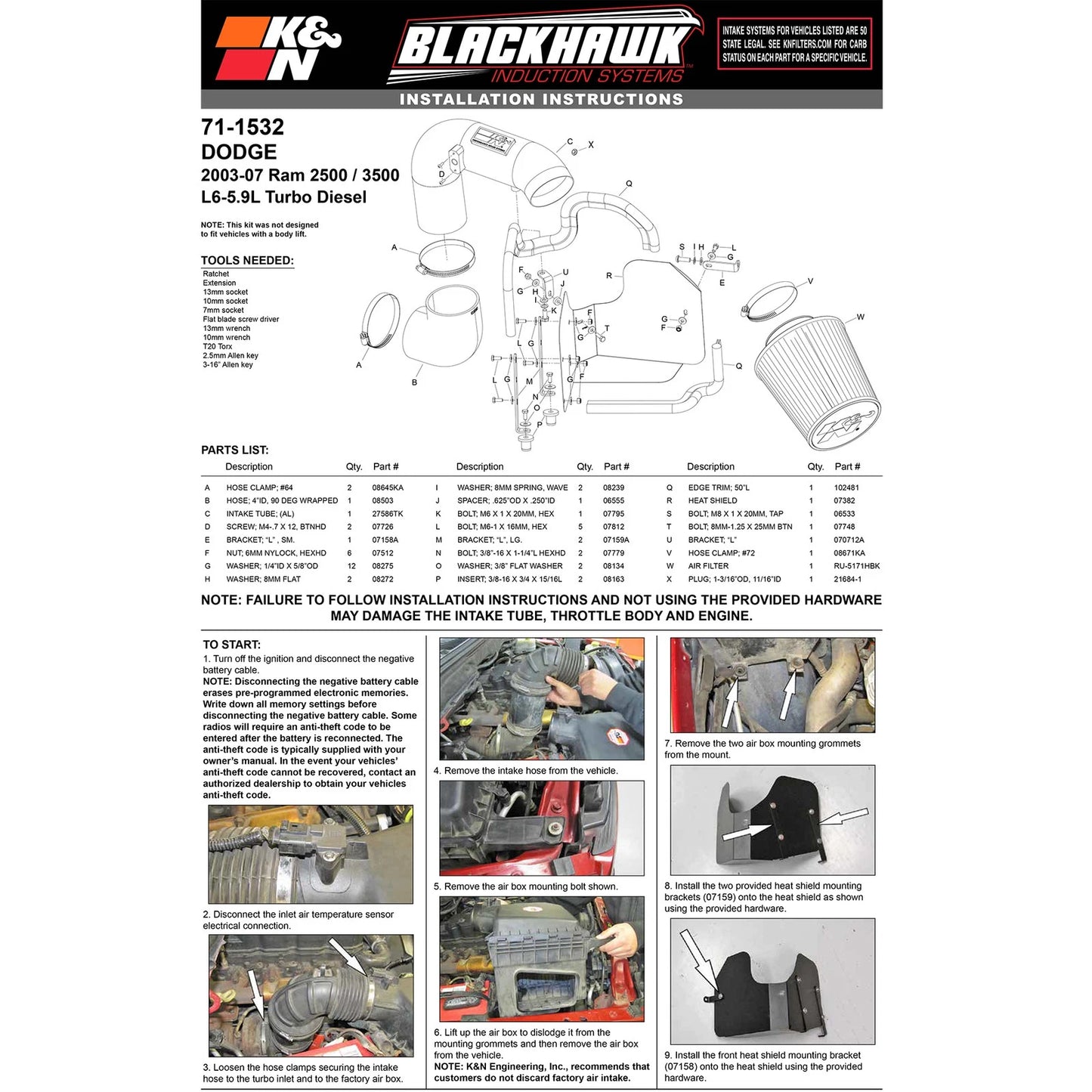 K&N 03-07 Dodge Ram Pickup 2500/3500 5.9L DSL Black Performance Intake Kit