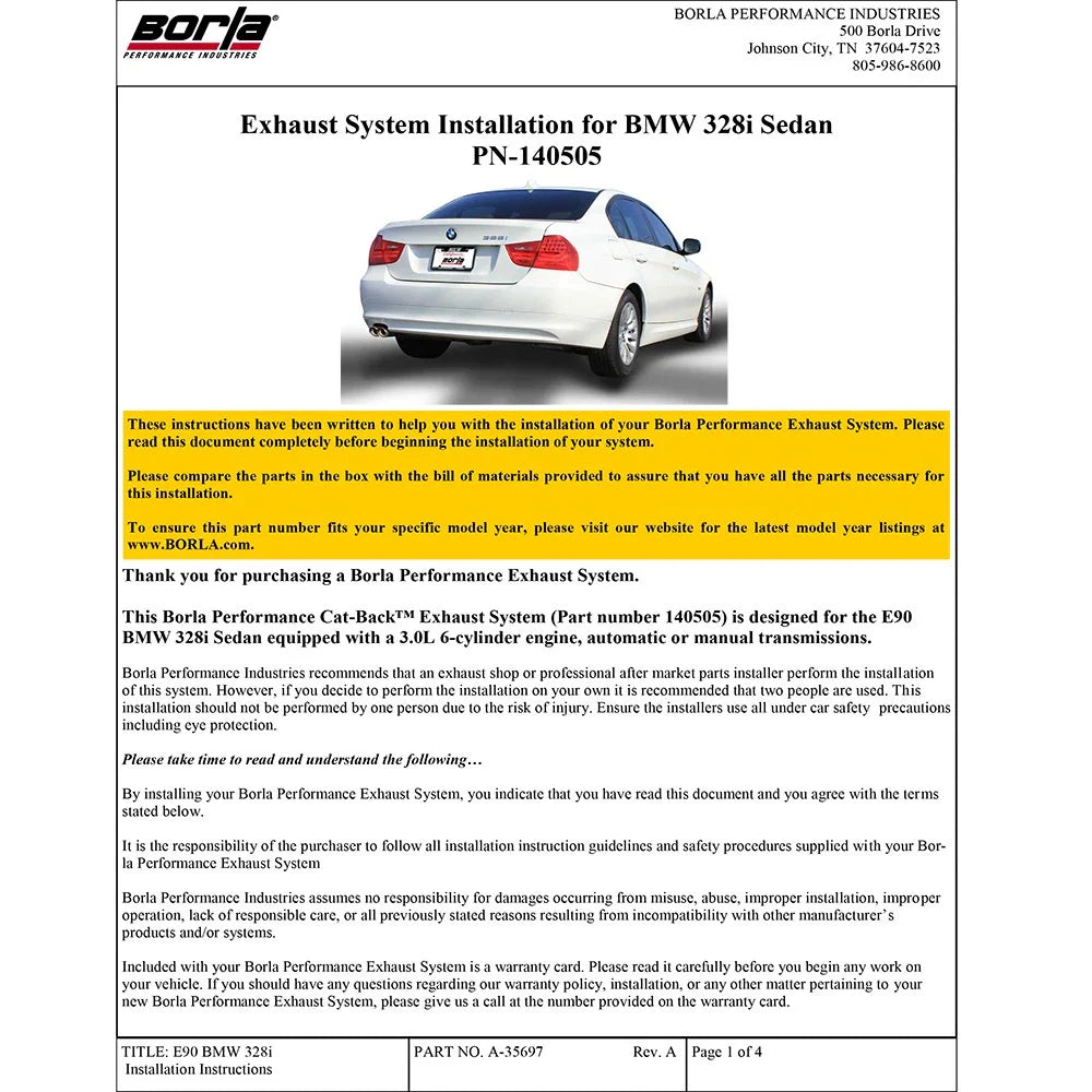 Borla 08-12 BMW 328i Sdm E90 2.0L RWD Dual Left Rear Exit Touring Cat-Back Exhaust