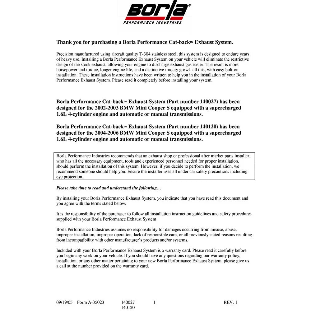 Borla 04-06 Mini Cooper S (Incl. Convertible) Normal Cat-back