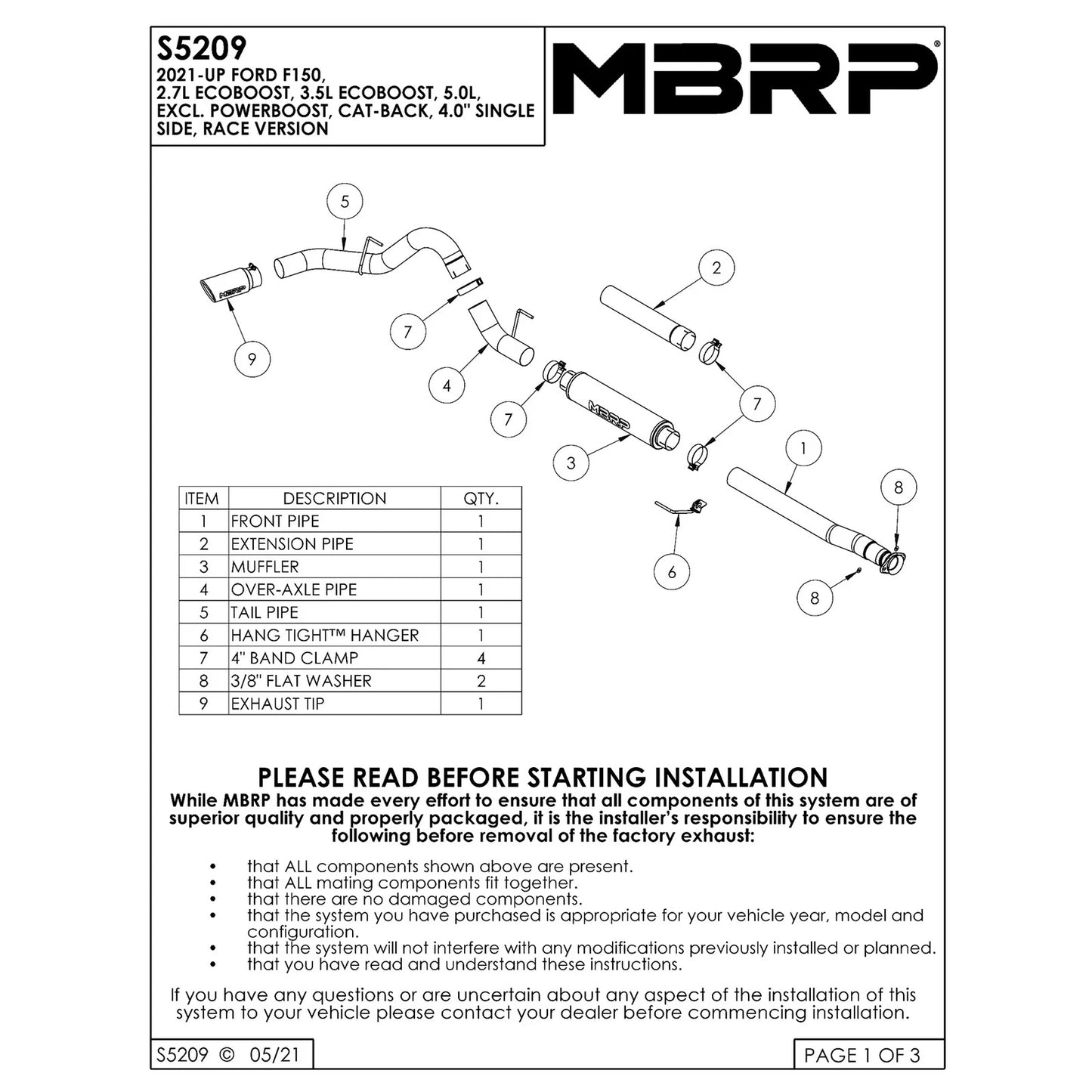 MBRP 2021+ Ford F150 2.7L/3.5L/5.0L 4in Aluminized Steel Cat-Back - RACE VERSION