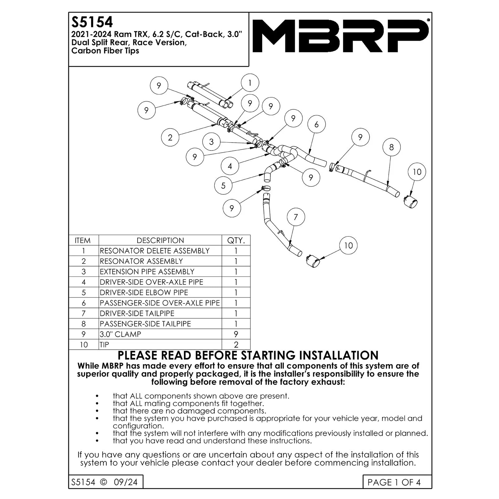 MBRP 2021 Ram TRX 6.2 S/C 3in Catback Dual Rear Carbon Fiber Tips(Race)- T304