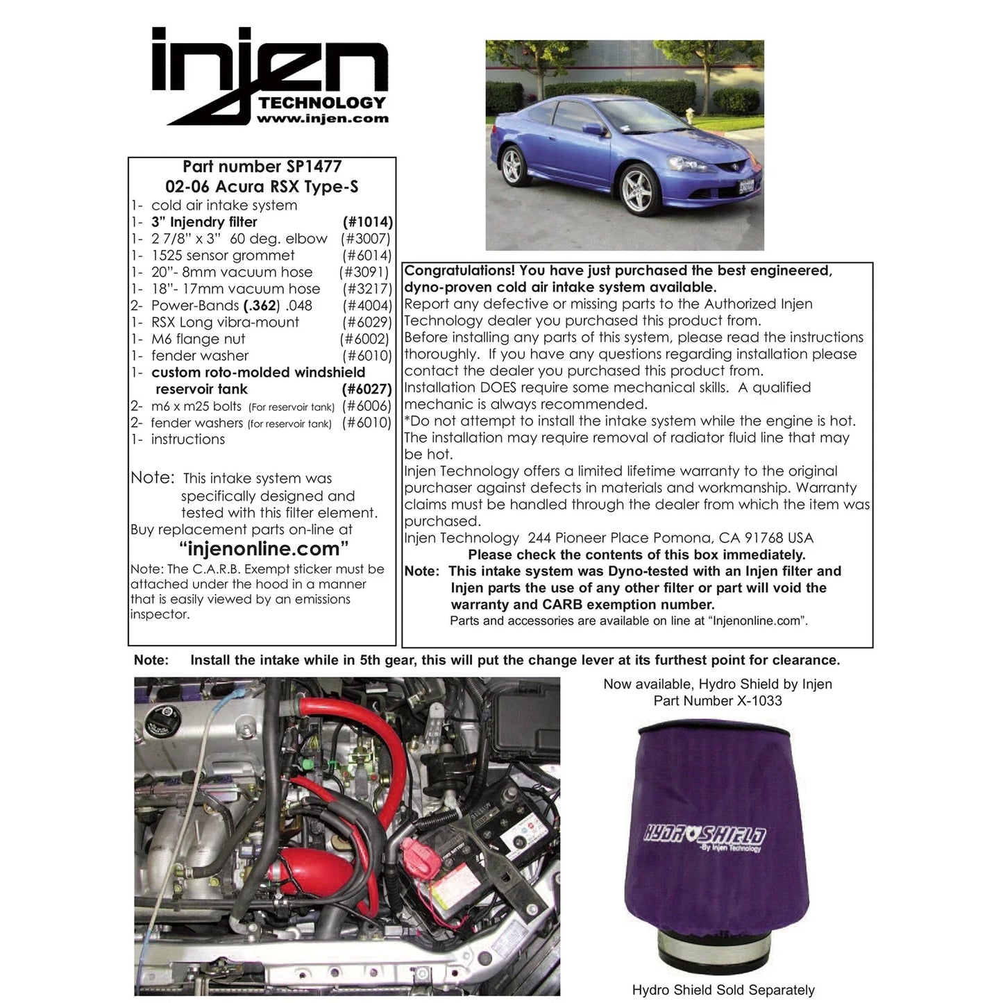 Injen 02-06 RSX Type S w/ Windshield Wiper Fluid Replacement Bottle Black Cold Air Intake