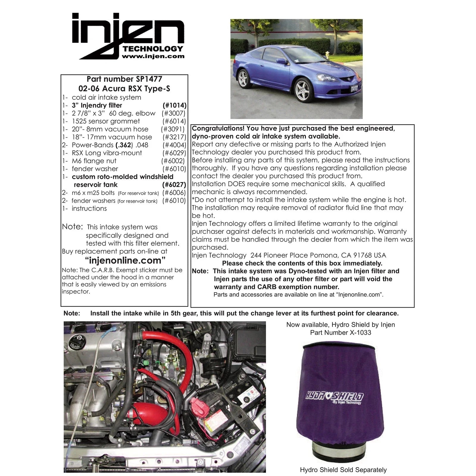 Injen 02-06 RSX Type S w/ Windshield Wiper Fluid Replacement Bottle Black Cold Air Intake