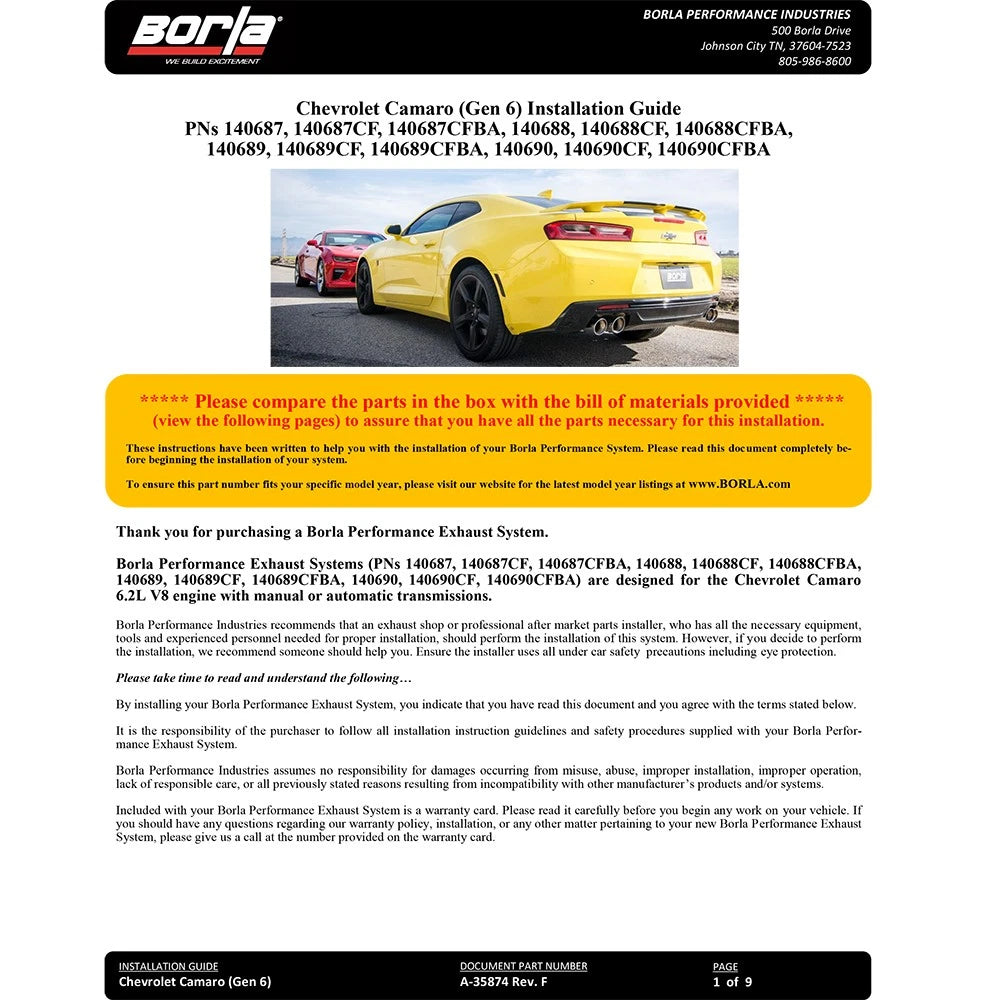 Borla Chevy 16-17 Camaro 6.2L ATAK Catback w/ Dual Tips (NPP) Dual Split Rear Exit
