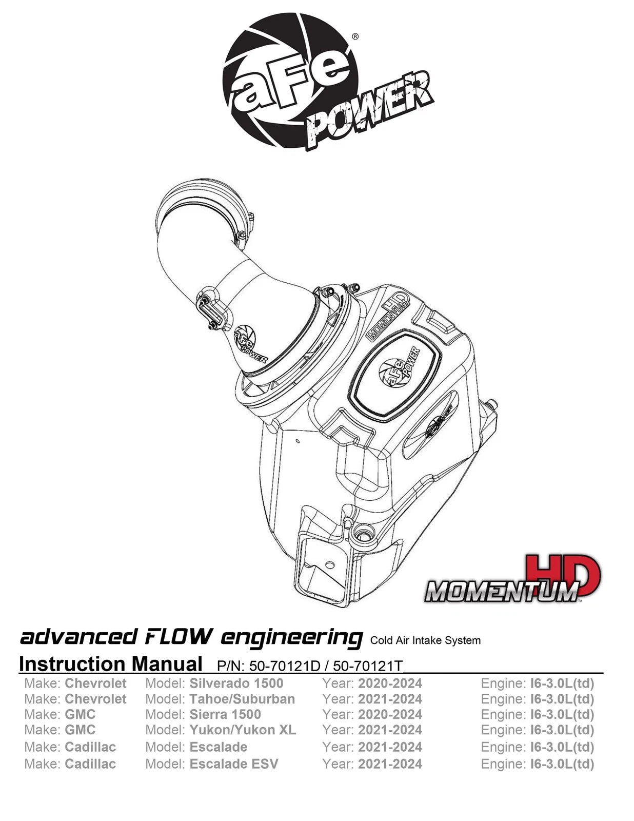 aFe 20-24 GM Trucks/SUVs L6-3.0L (td) LM2/LZ0 Momentum HD Cold Air Intake System w/ Pro DRY S Filter