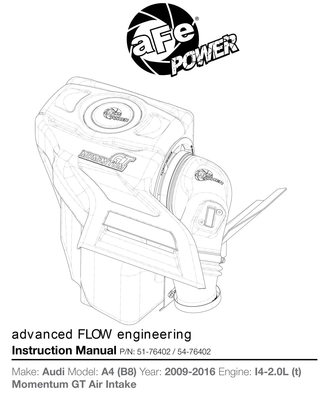 aFe Momentum GT Intakes Stage-2 P5R AIS 9-16 Audi A4 (B8) L4-2.0L