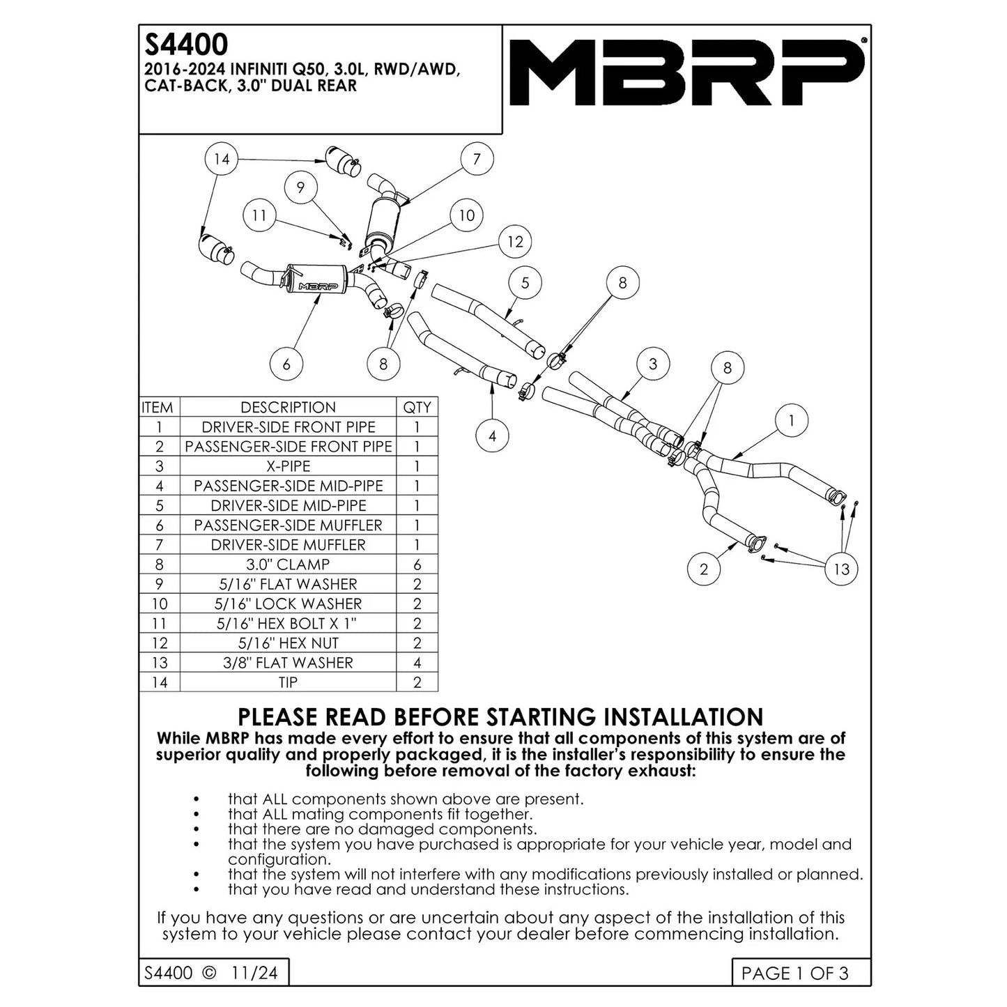 MBRP 16-19 Infiniti Q50 3.0L FWD/AWD 3in Cat Back w/ 4.5in OD Carbon Fiber Tips - T304