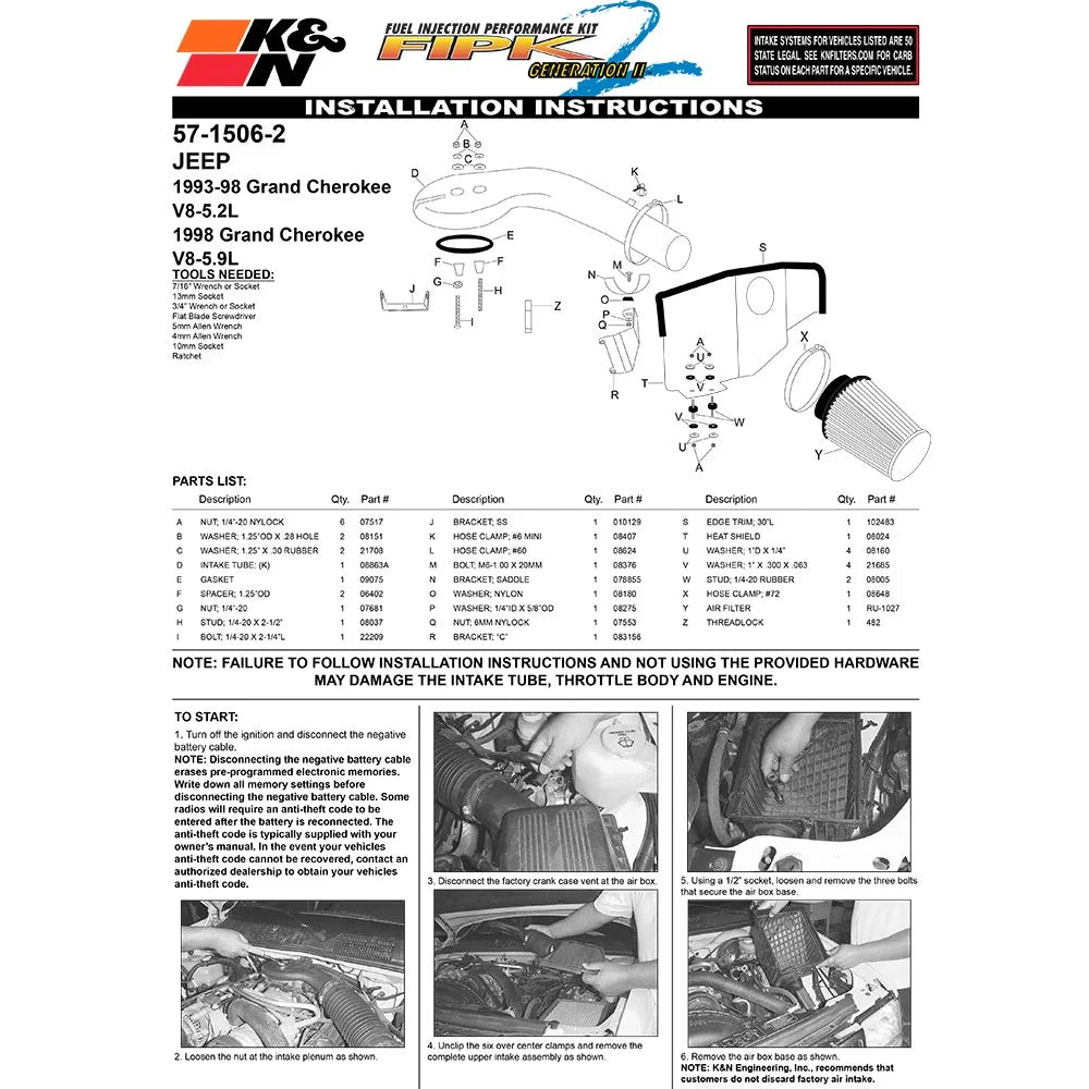 K&N 93-98 Jeep Grand Cherokee Performance Intake Kit