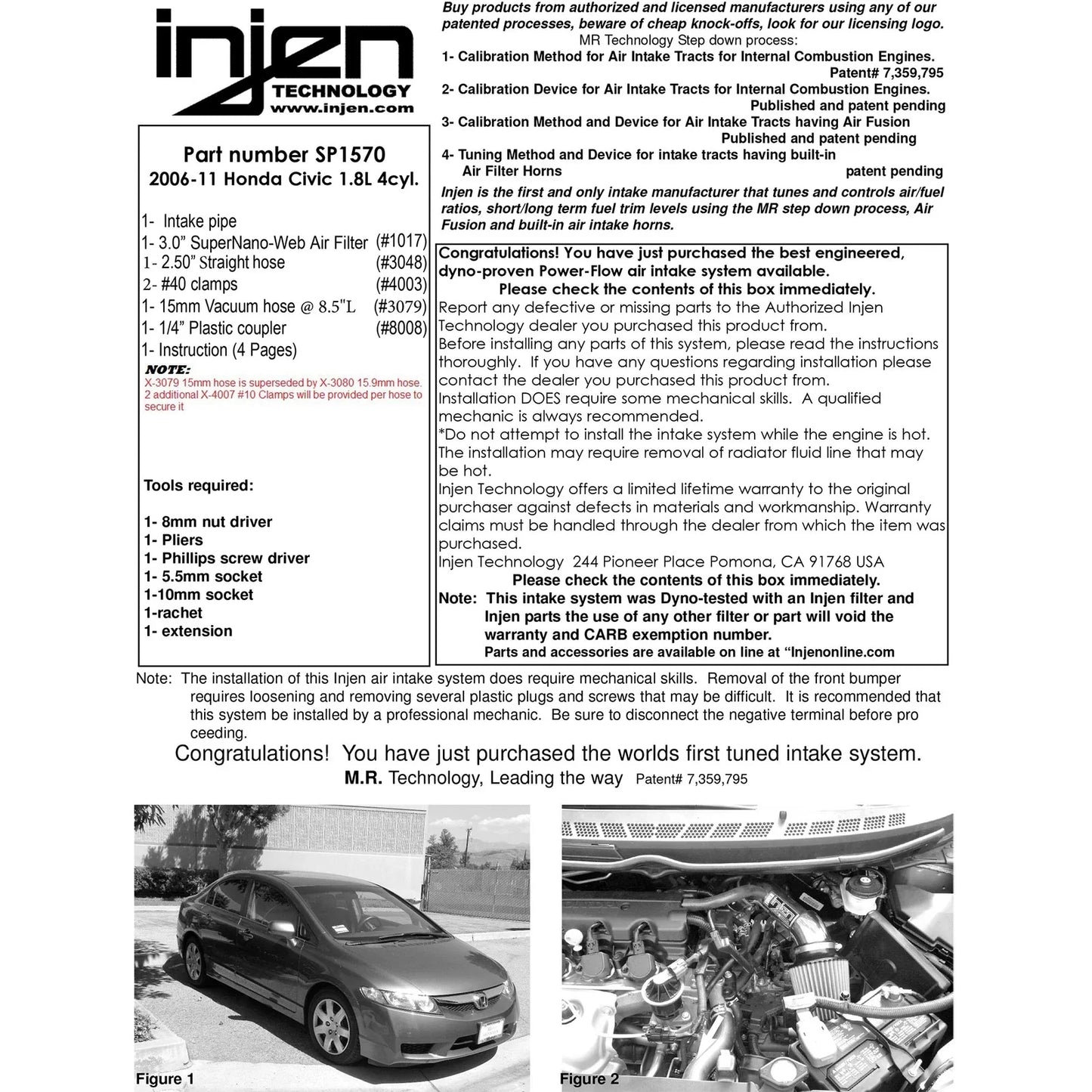 Injen 06-11 Honda Civic Ex 1.8L 4cyl Black Tuned Air Intake w/ MR Tech/Nano-Fiber Dry Filter