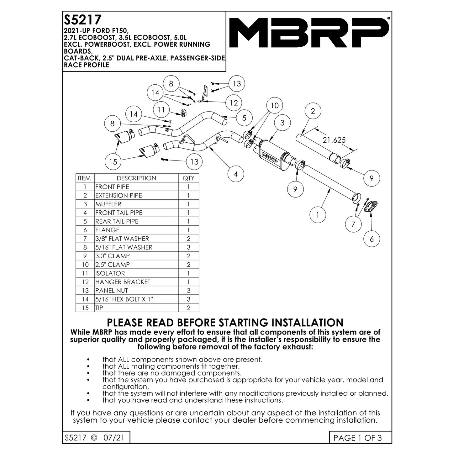MBRP 2021 Ford F-150 2.7L EcoBoost / 3.5L EcoBoost / 5.0L 3in Cat Back Single Side Exit Black