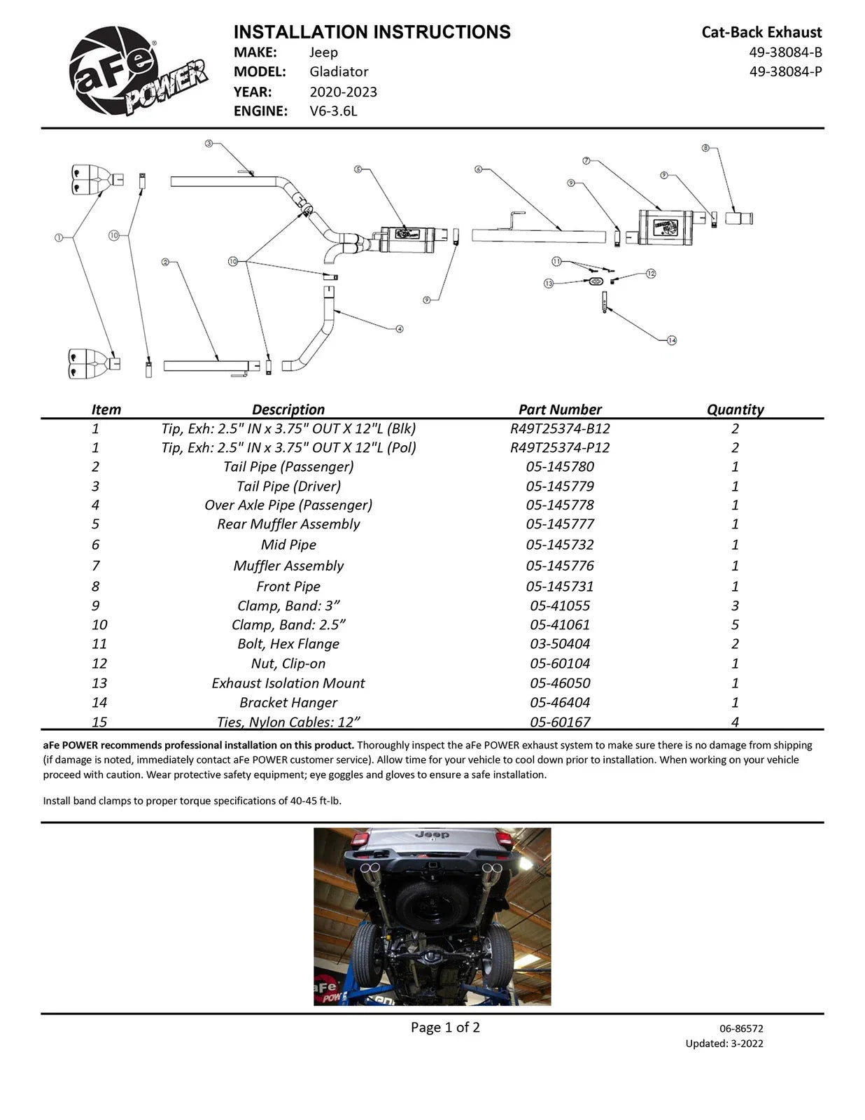 aFe Vulcan Series 3in-2-1/2in 304 SS Cat-Back 2020 Jeep Gladiator (JT) V6-3.6L w/ Black Tips