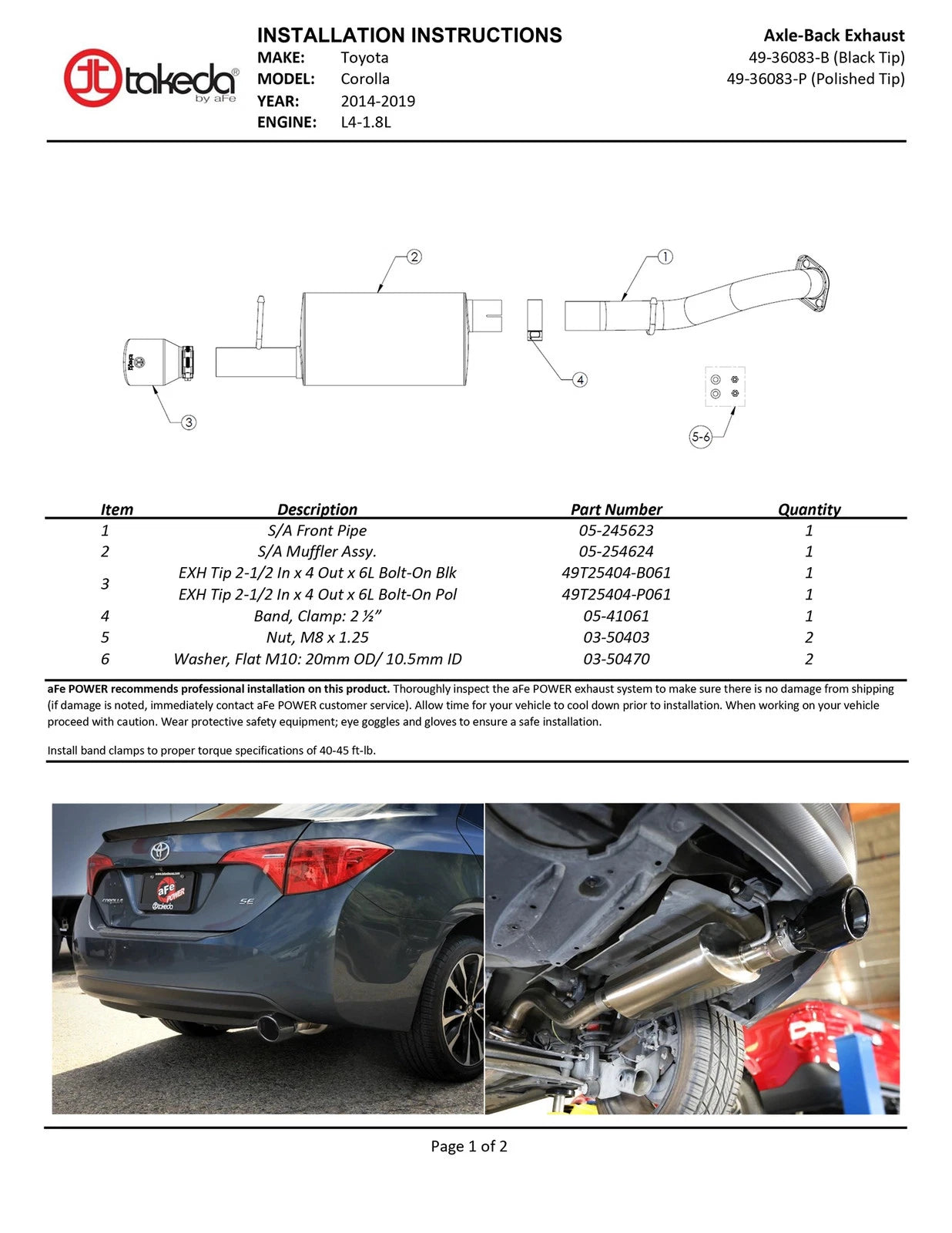 aFe 14-19 Toyota Corolla 1.8L Takeda 2.5in 304SS Axle-Back Exhaust w/ Black Tip