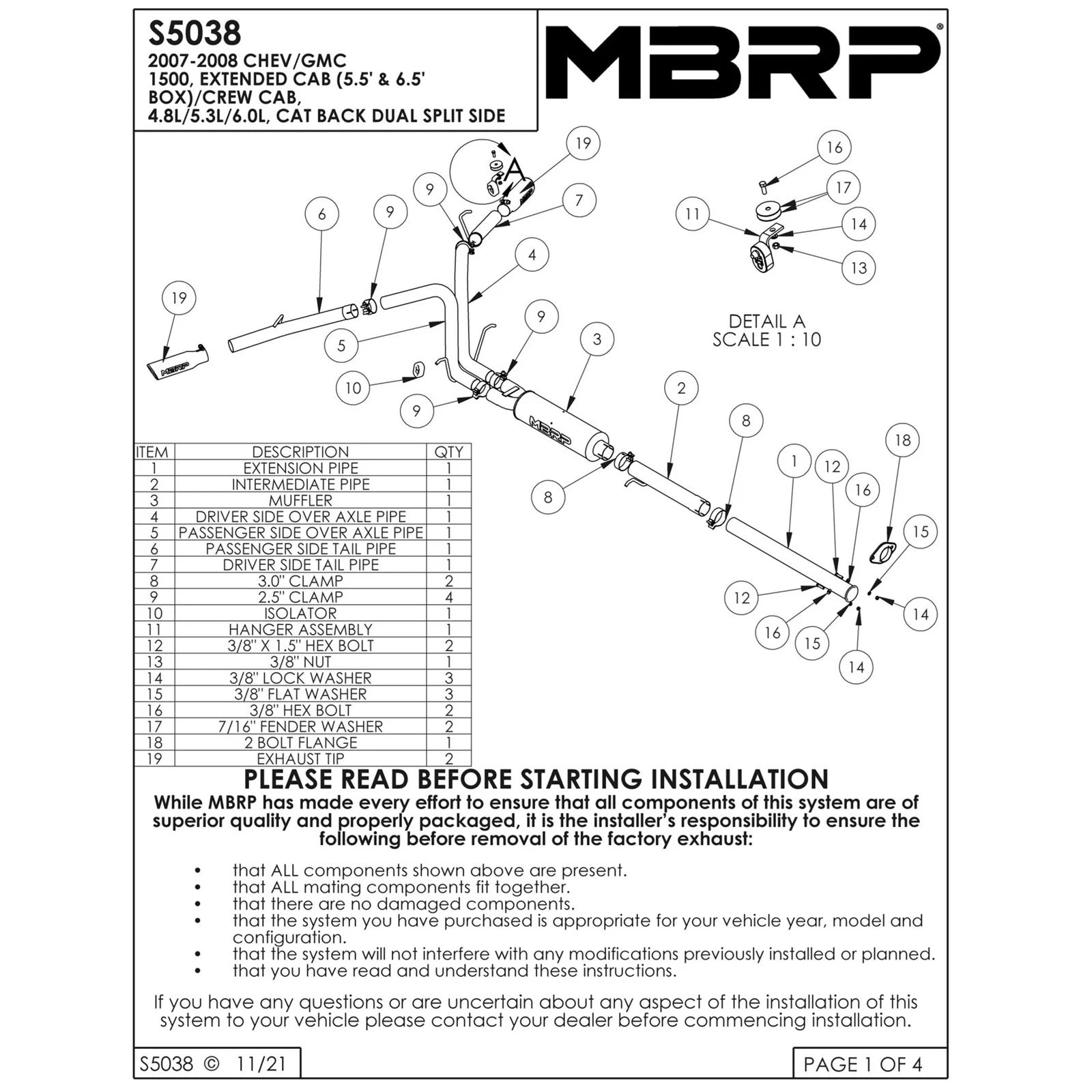 MBRP 2007-2008 Chev/GMC 1500 (Next Gen.) CC EC (excl. 8 bed) 4.8/5.3L/6.0L Cat Back Dual Split