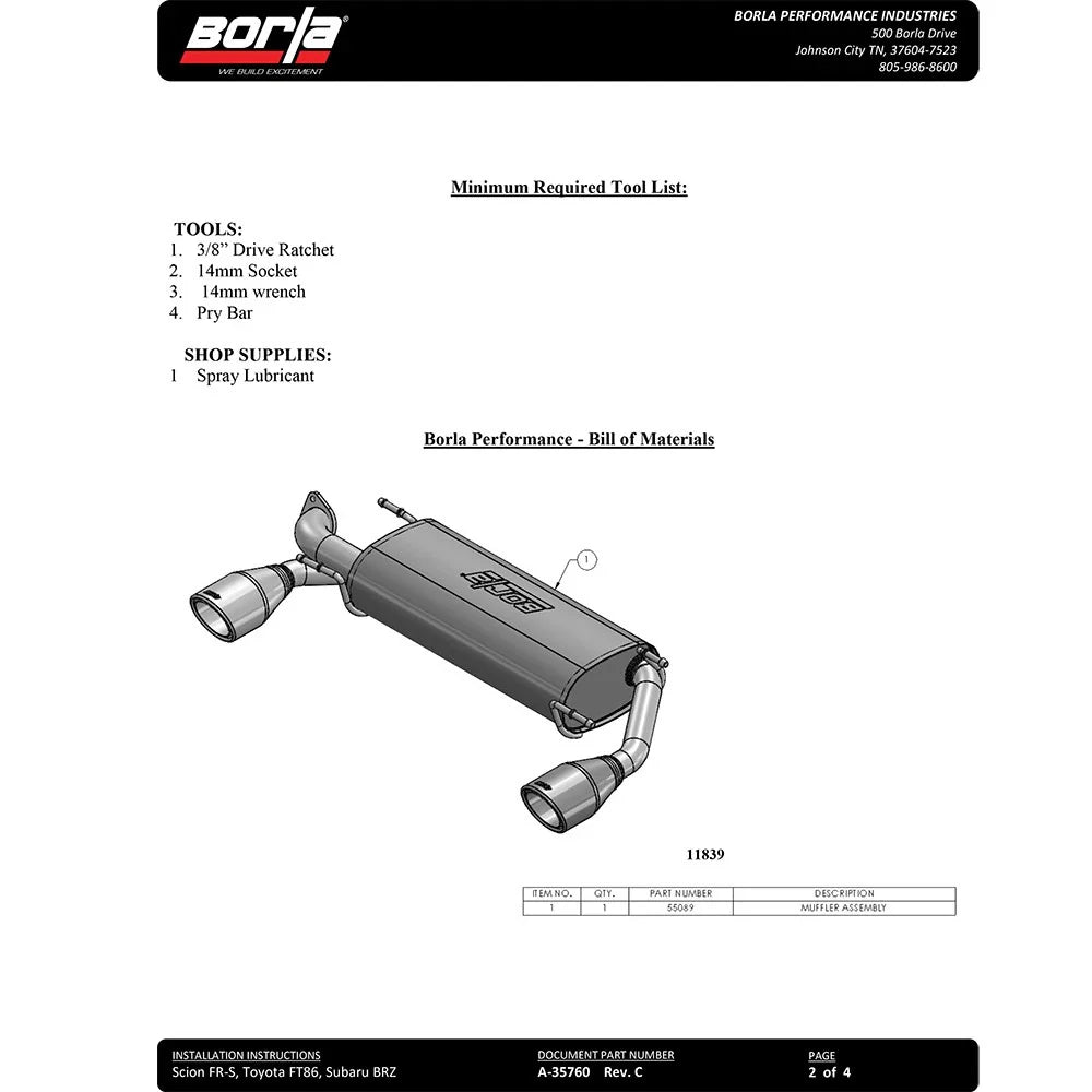 Borla 13-15 Subaru BRZ/Scion FR-S 2.0L 4Cyl RWD Single Split Rr Exit Touring Exh Rear Section Only