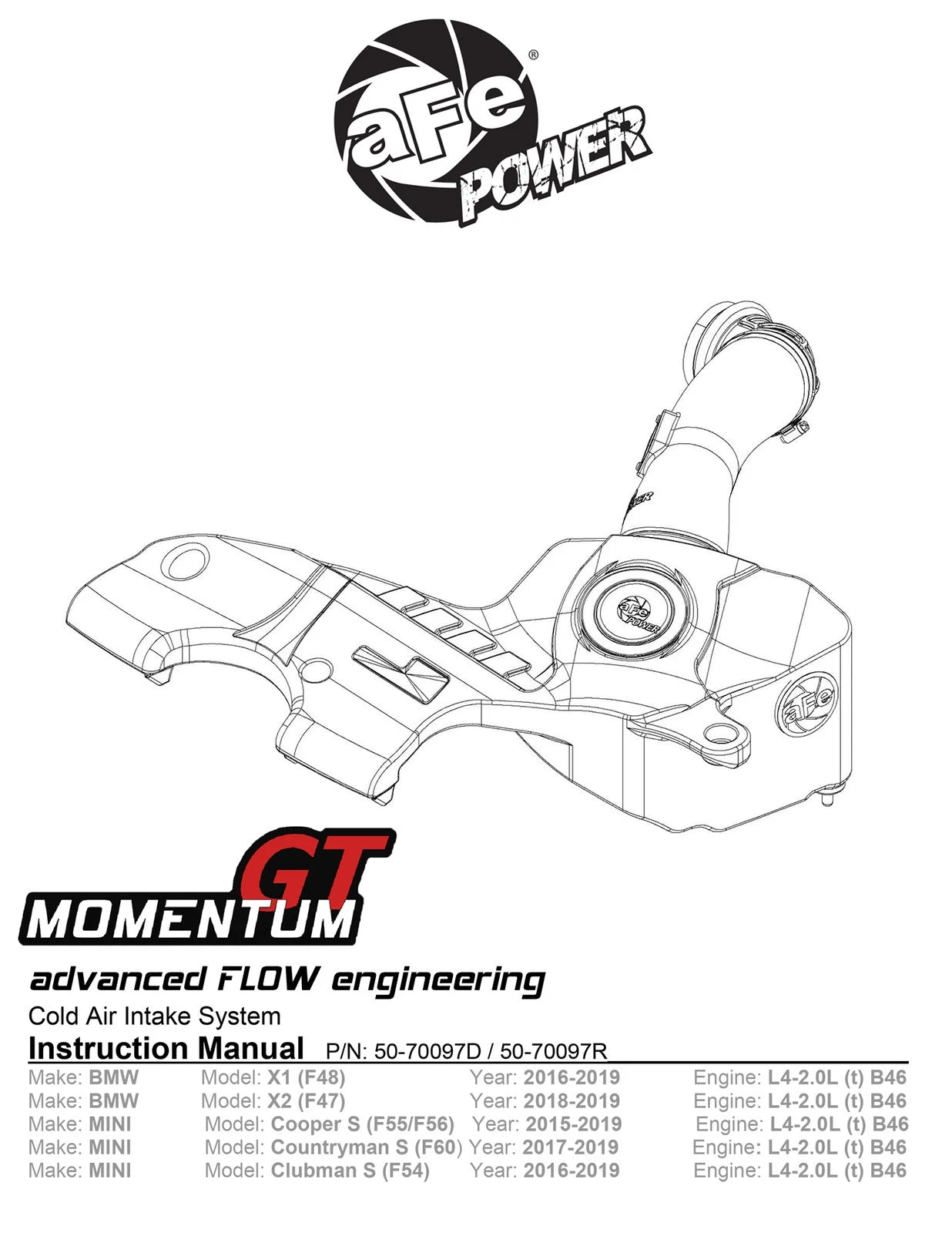 aFe 15-19 MINI Cooper S (F55/F56) L4 2.0L(t) B46 Momentum GT Cold Air Intake System w/ Pro 5R Filter