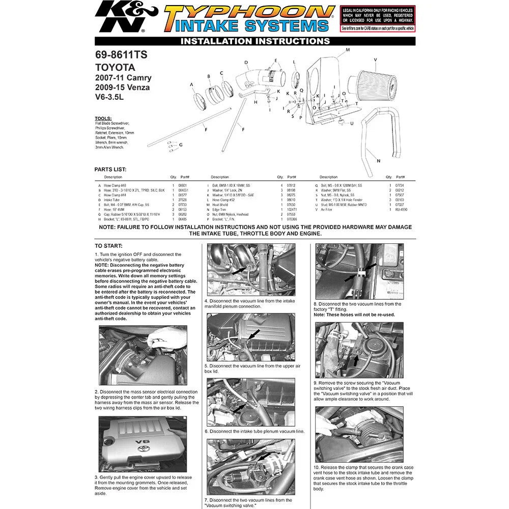 K&N 07-10 Toyota Camry V6-3.5L Silver Typhoon Short Ram Intake