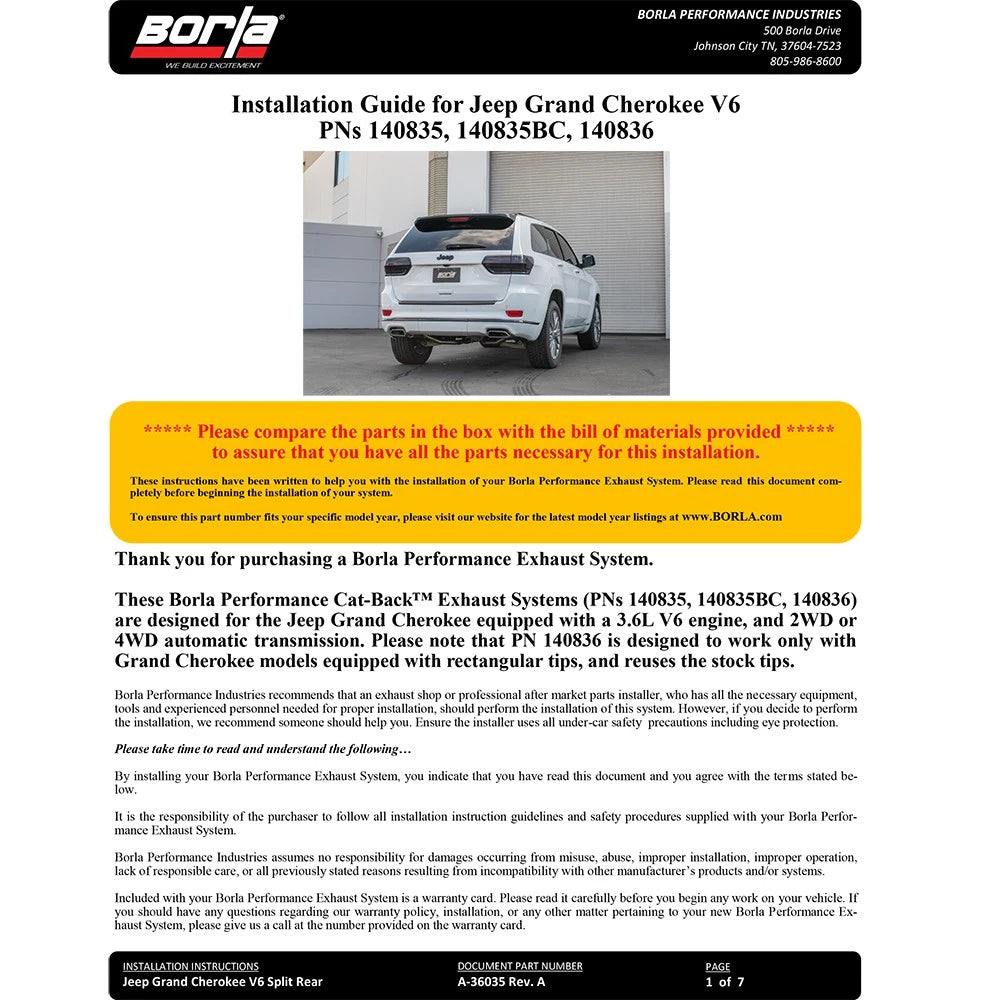Borla 14-20 Jeep Grand Cherokee High Altitude/Summit 3.6L V6 2/4WD 2.25in S-Type Cat-back