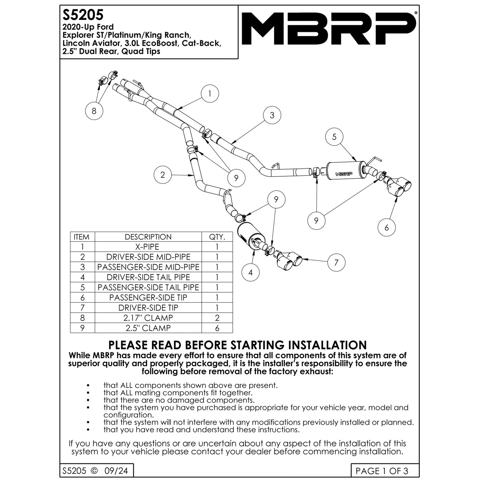 MBRP 20-21 Ford Explorer ST 3.0L Ecoboost SS 2.5in Dual Rear Exit w/ Carbon Fiber Quad Tips - T304