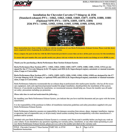 Borla 15 Chevy Corvette C7 ZO6 6.2L w/o AFM w/ NPP ATAK Quad RD RL IC Tips Center Rear Exit Exhaust