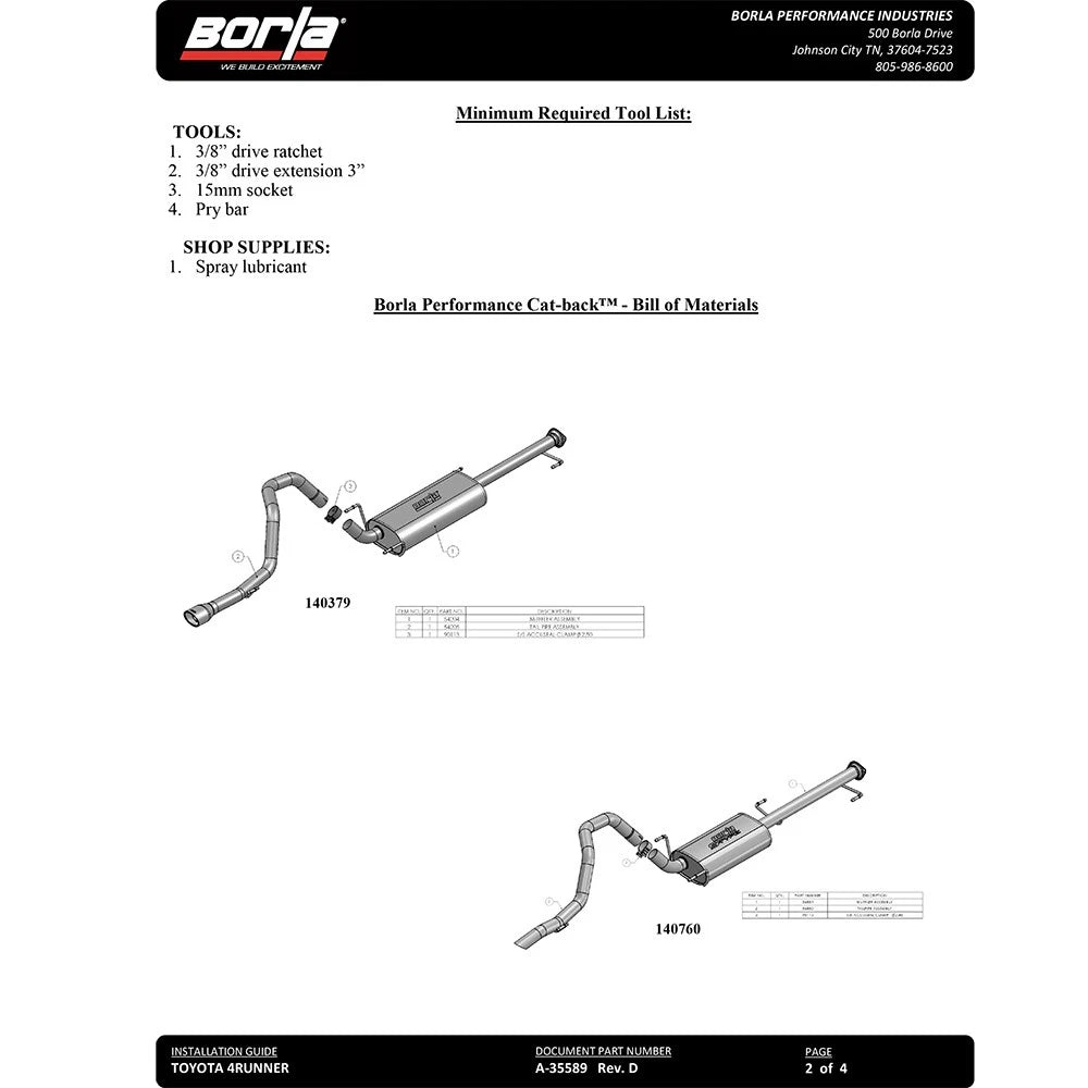 Borla 10-15 Toyota 4Runner Trail/SR5/Limited 4,0L 6cyl 4/5 Speed 4WD/AWD SS Catback Exhaust