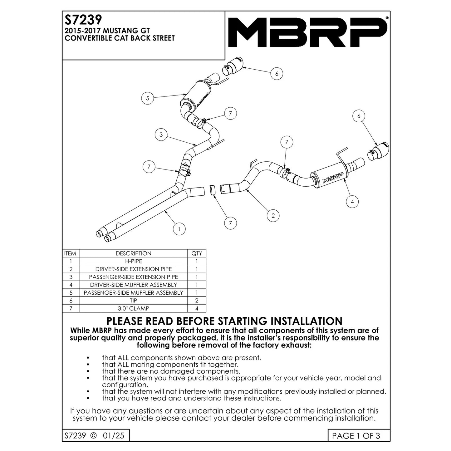 MBRP 15 Ford Mustang GT 5.0 Convertible Black 3in Cat Back Dual Split Rear Exit (Street Version)