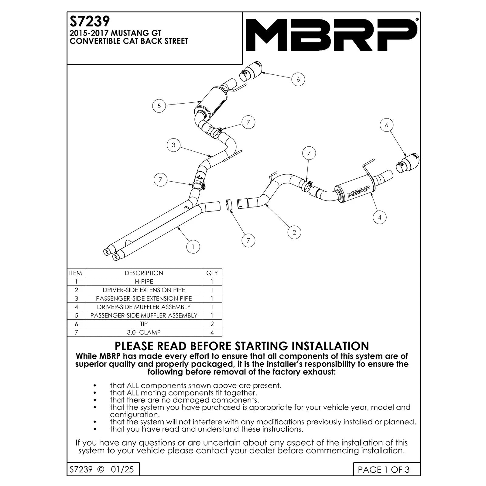 MBRP 15 Ford Mustang GT 5.0 Convertible Black 3in Cat Back Dual Split Rear Exit (Street Version)