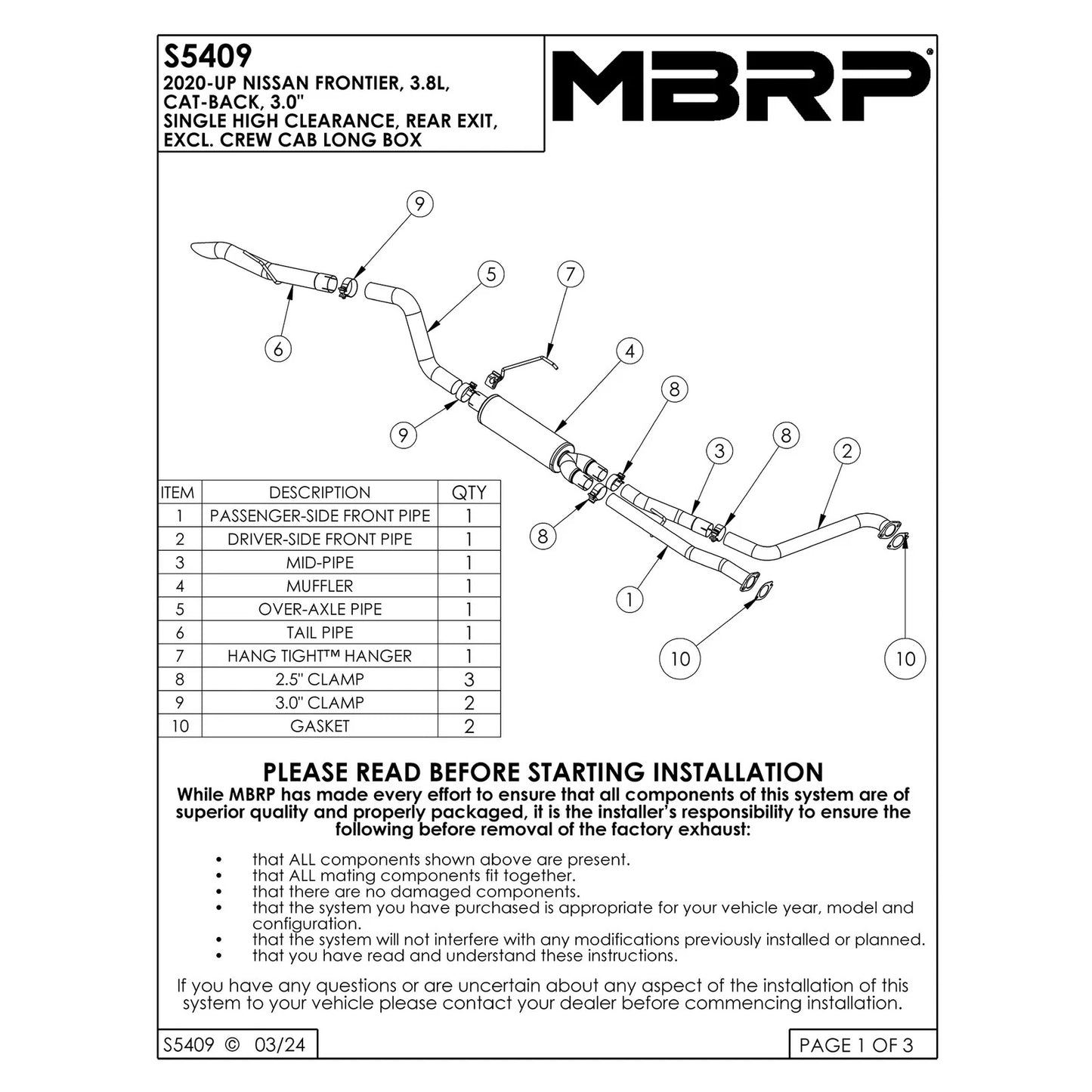 MBRP 22-23 Nissan Frontier 3.8L 3in Tip 3in Cat Back Turndown Exit Street Profile - T304