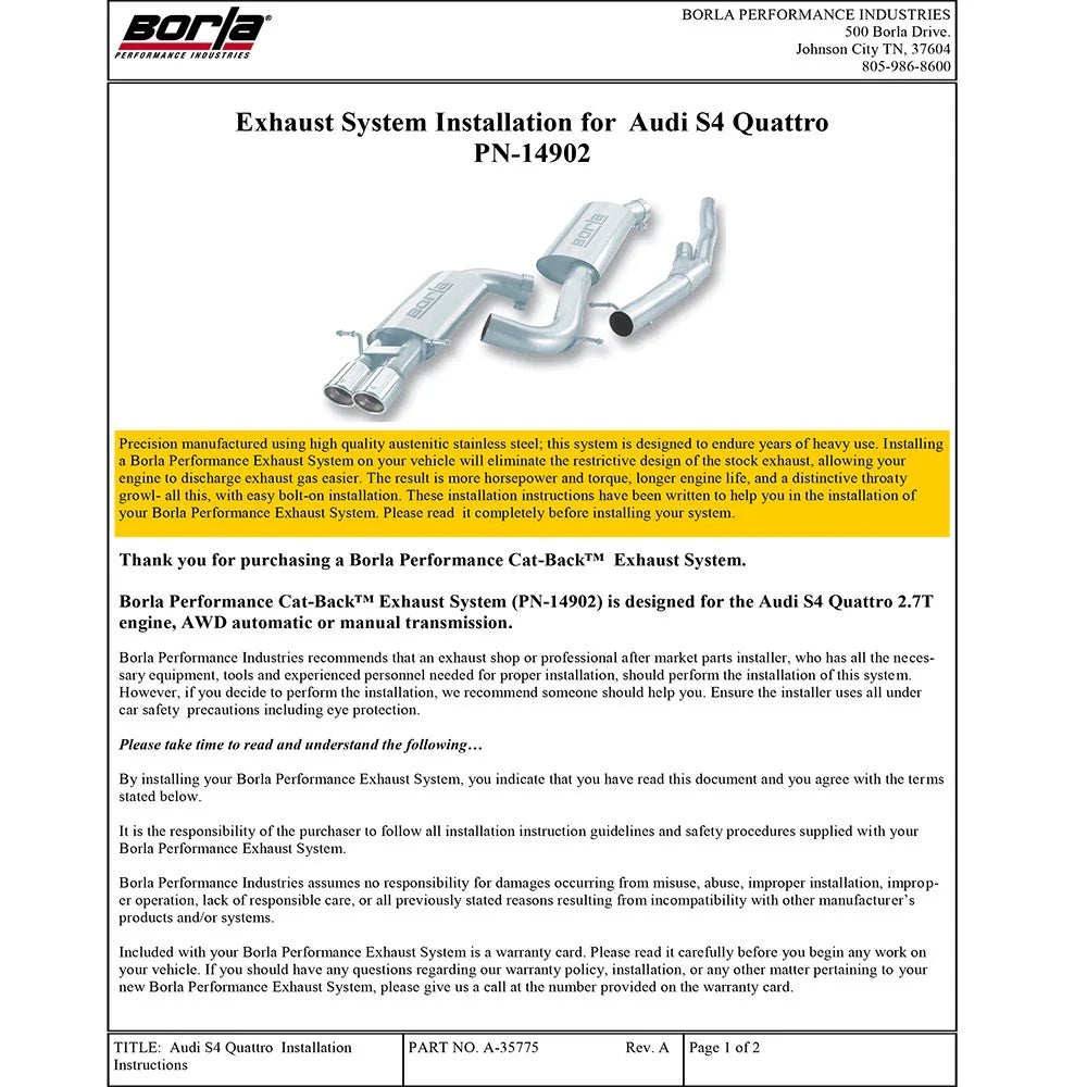 Borla 00-02 Audi S4 2.7L 6cyl AWD SS Catback Exhaust