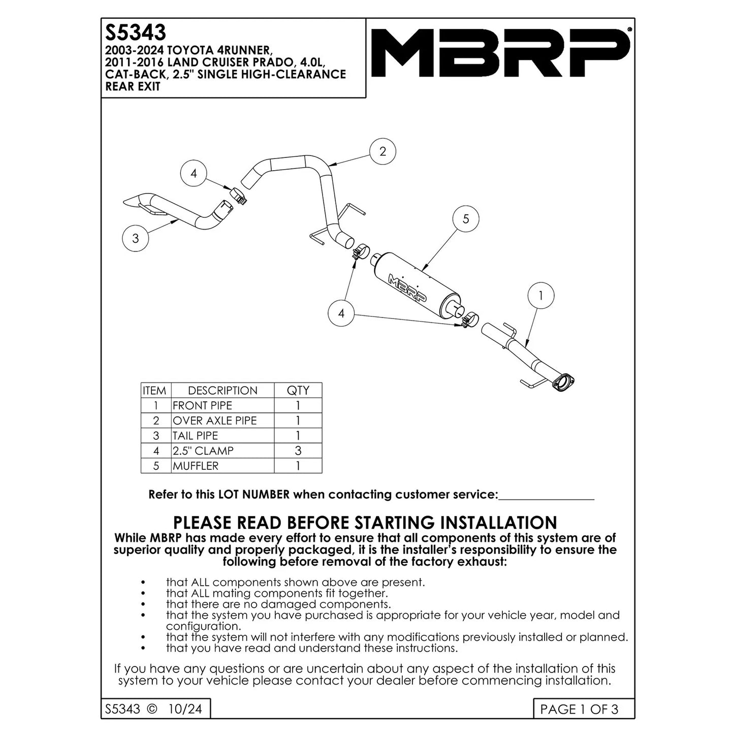 MBRP 04-21 Toyota 4Runner 4.0L 3in T304 Stainless Steel Cat Back Single Side Exit