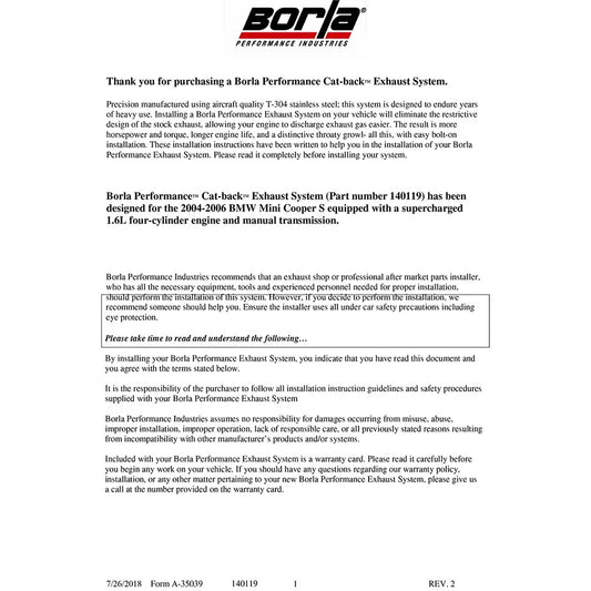 Borla 04-06 Mini Cooper S (Incl. Convertible) Aggressive Cat-back