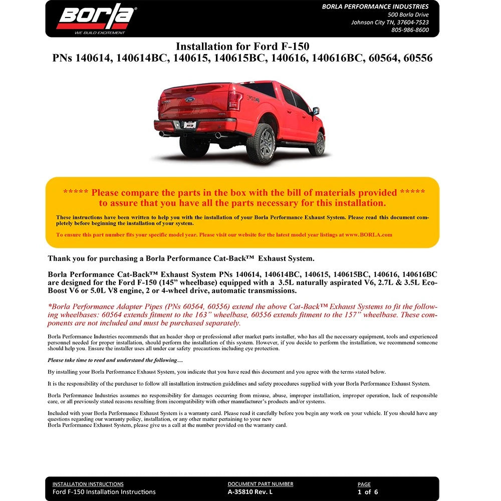Borla 15-17 F-150 2.7/3.5L V6 EcoBoost / 5.0L V8 Black Chrome Cat-Back Touring Exhaust