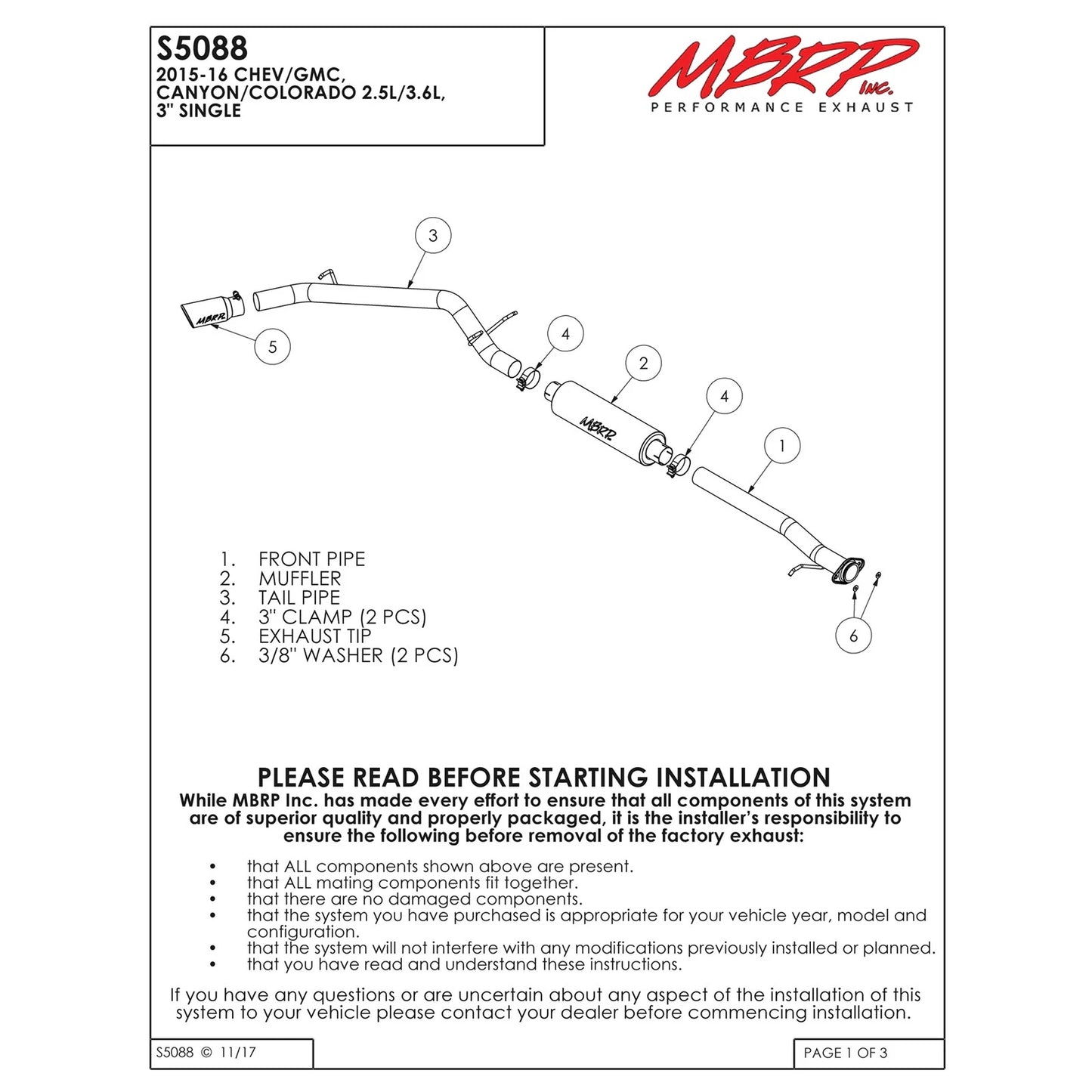 MBRP 2015 Chevy/GMC Colorado/Canyon 2.5L & 3.6L Black Coated 3in C/B Single Side Exit