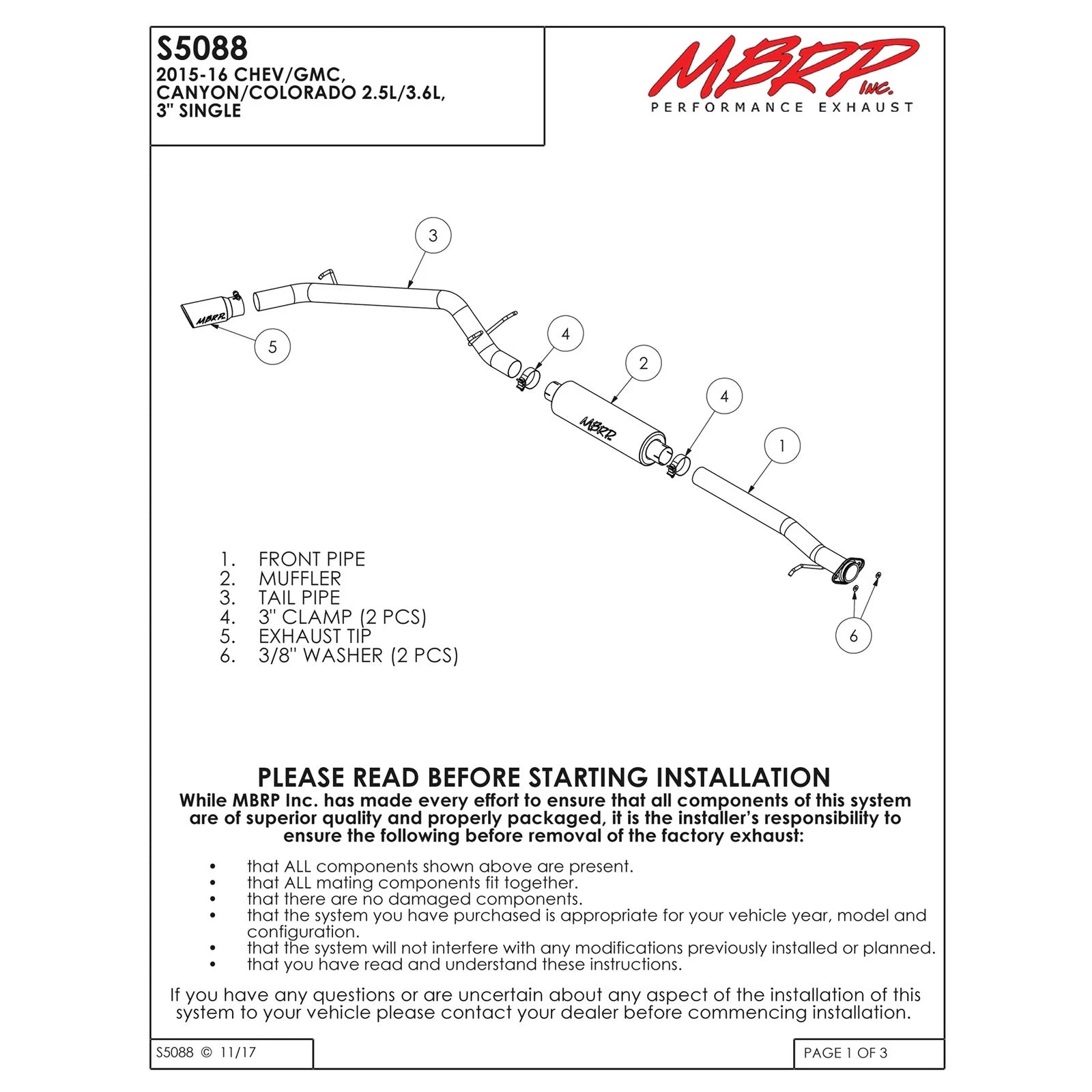MBRP 2015 Chevy/GMC Colorado/Canyon 2.5L & 3.6L Black Coated 3in C/B Single Side Exit