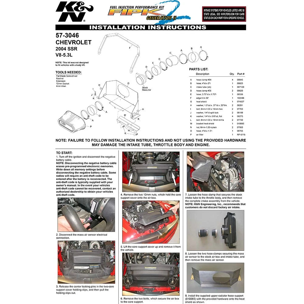 K&N Performance Intake Kit FIPK; CHEVROLET SSR, V8-5.3L, 2003-04
