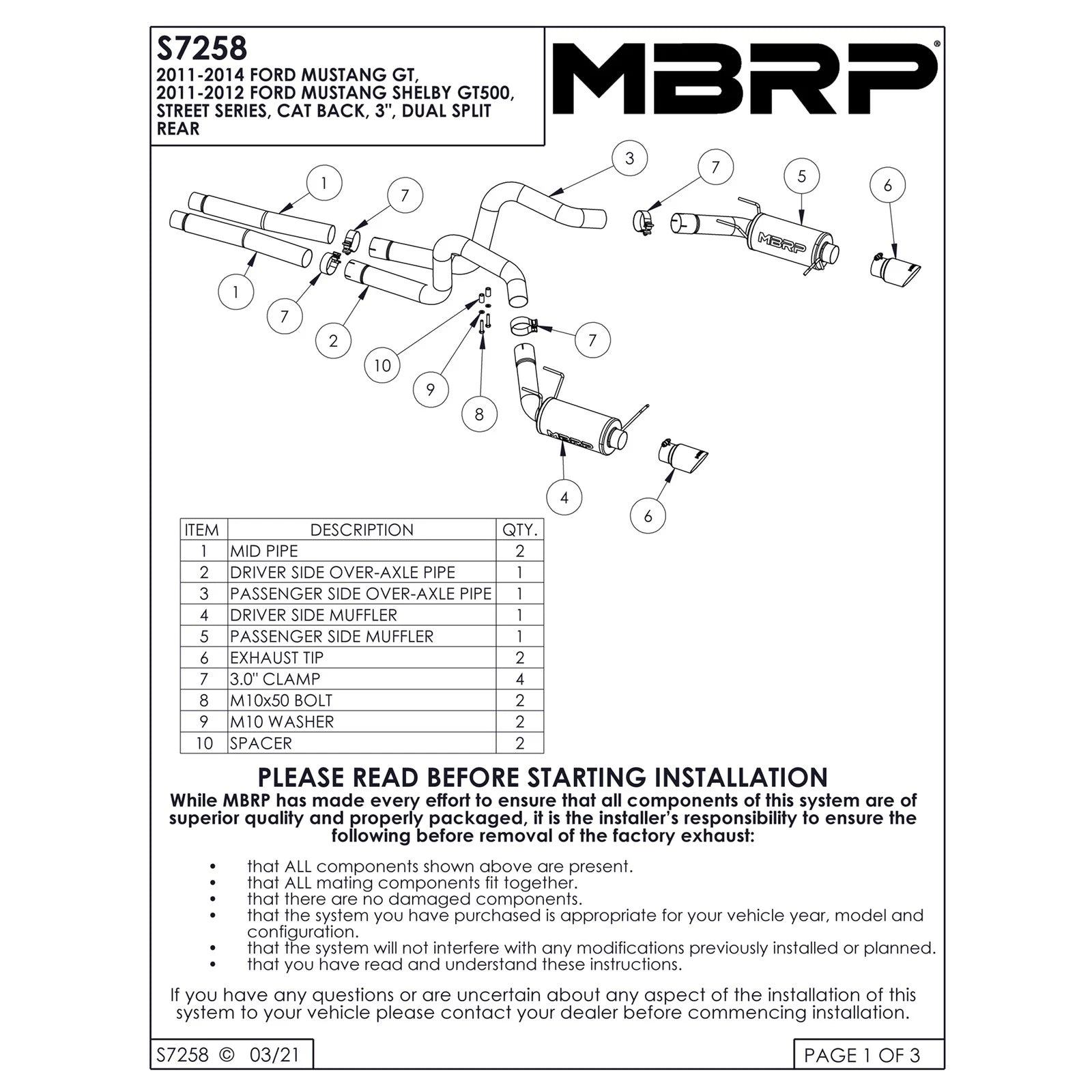 MBRP 11-14 Ford Mustang GT 5.0L Dual Split Rear Street Version T409 3in Cat Back Exhaust System