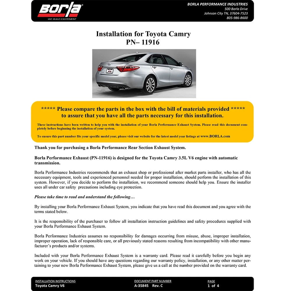 Borla 14-16 Toyota Camry 3.5L AT FWD 4DR 2.25in Touring Rear Section Exhaust 3.5in x 4.25in Tips
