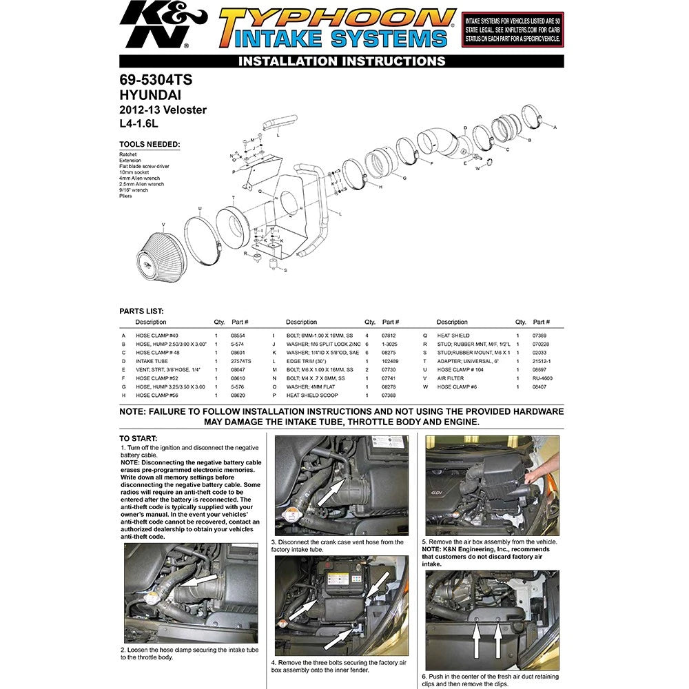 K&N 12 Hyundai Veloster 1.6L Typhoon Performance Intake Kit